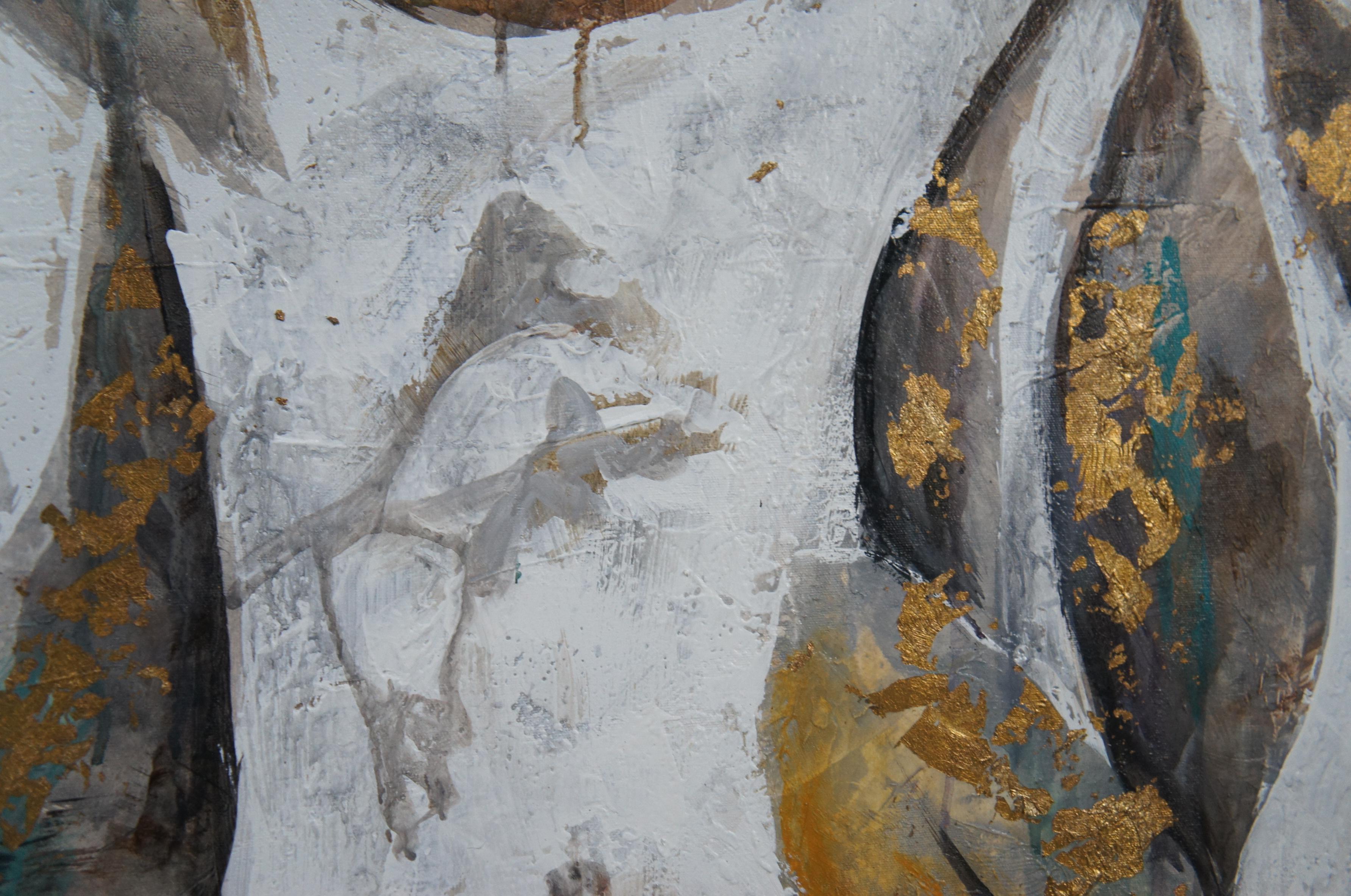 Mixed Media-Gemälde in Goldfolie, botanisches, geblümtes Ölgemälde auf Leinwand, 50