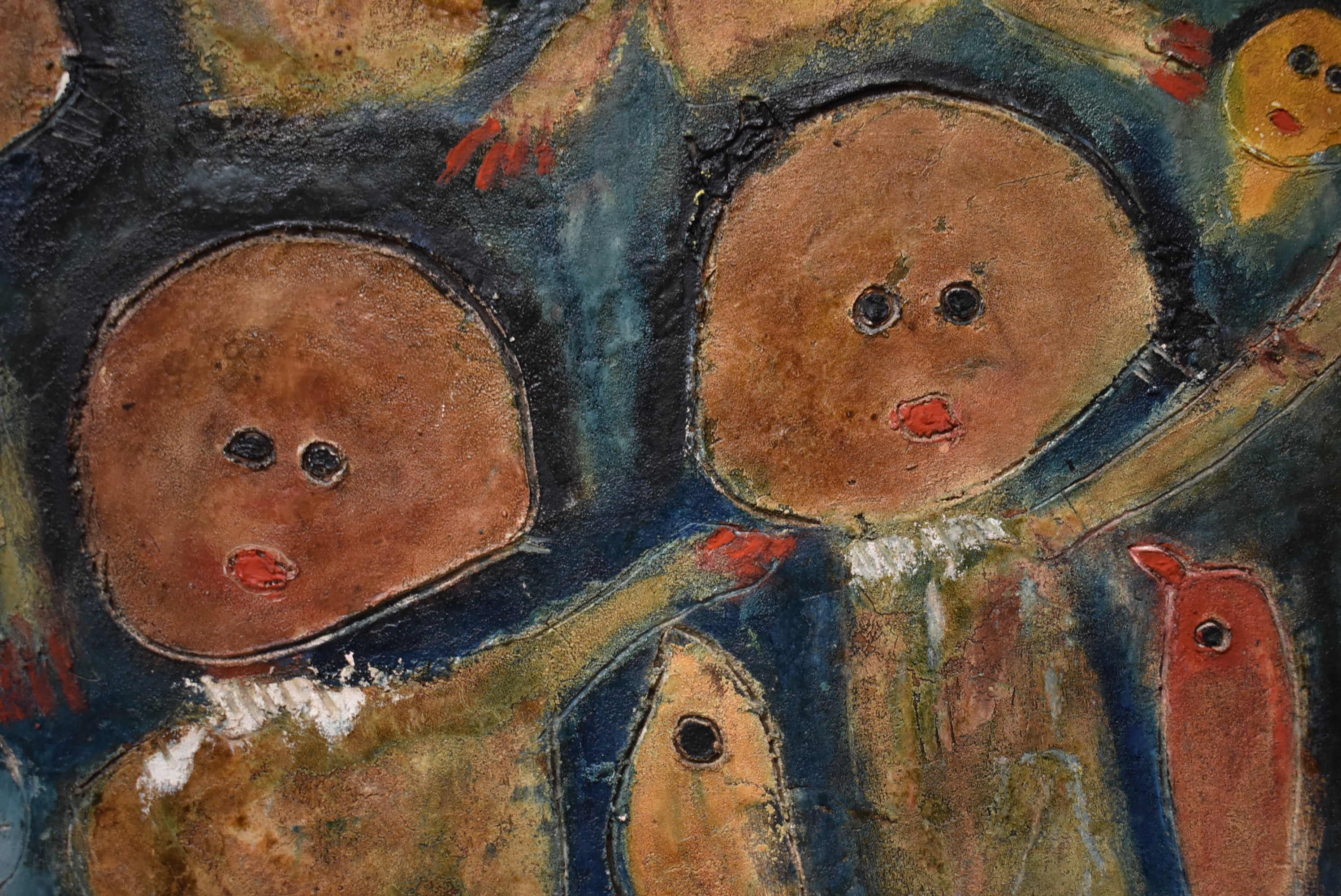Italian Original Mixed-Media Painting on Copper Abstract Children /Chickens Vetere Italy For Sale
