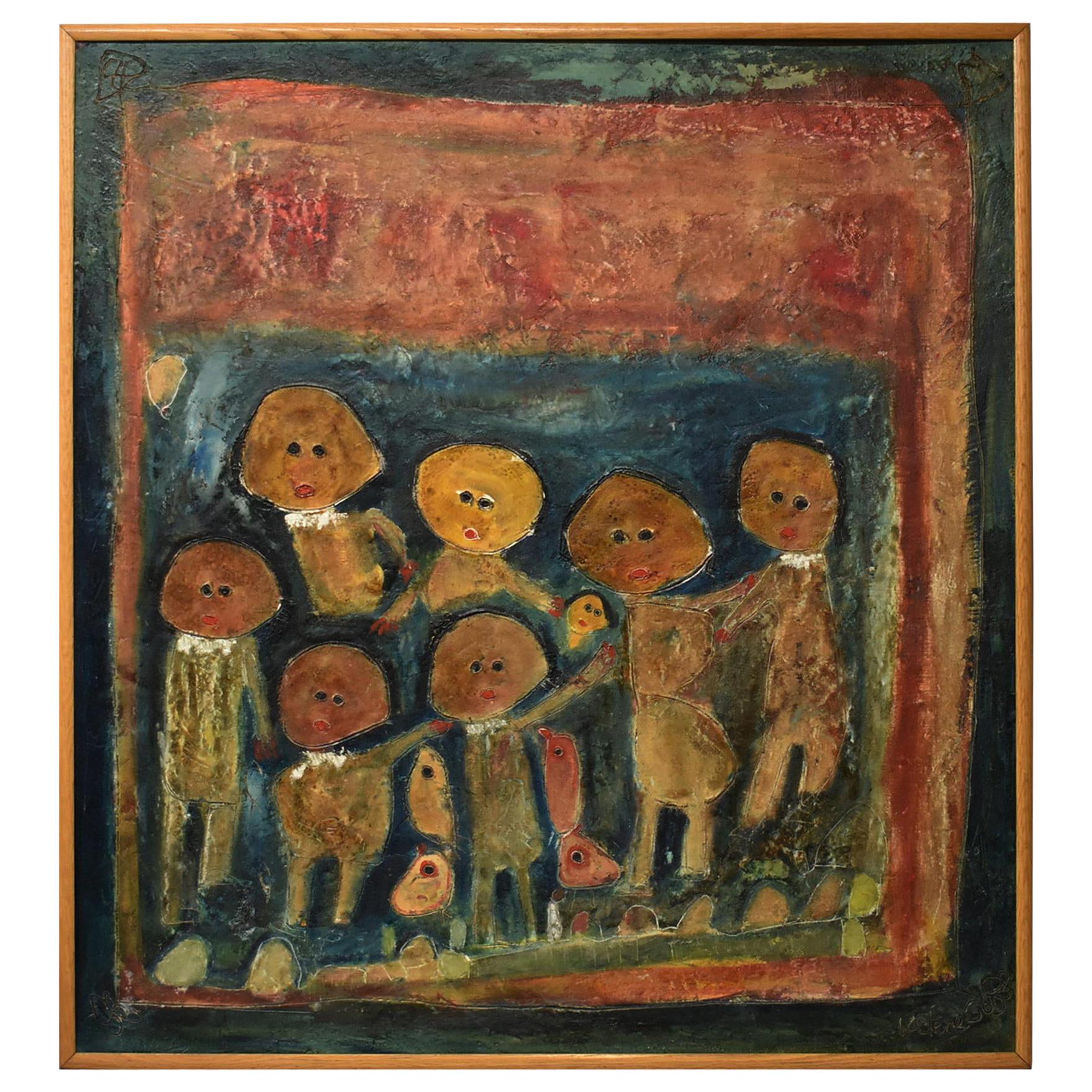 Original Mixed-Media Painting on Copper Abstract Children /Chickens Vetere Italy