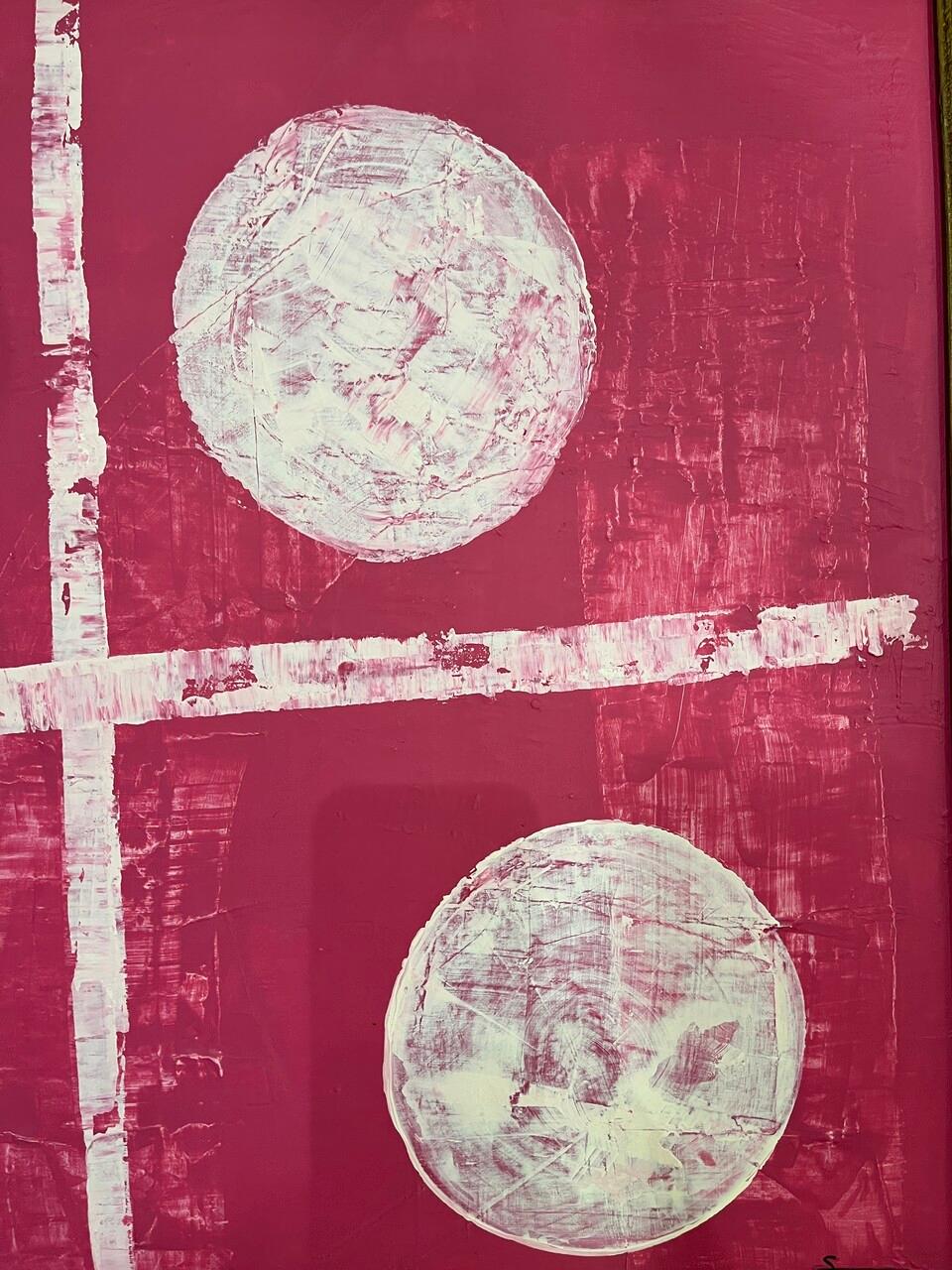 Un originale quadro astratto moderno rosa e bianco in un'elegante cornice color oro antico creato dall'artista di Houston, Shannon Weir. 