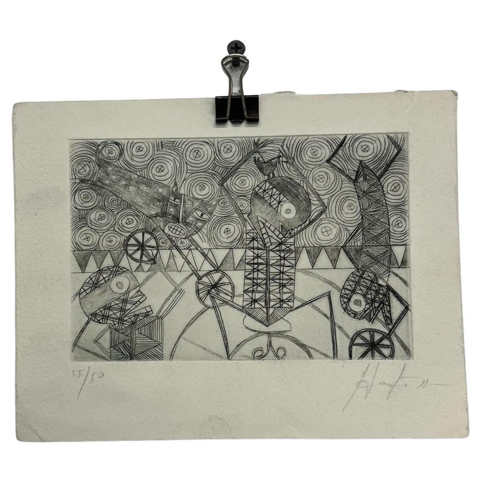 Art moderne original dessinant 4 blocs de bois 25/50 Oaxaca, Mexique en vente