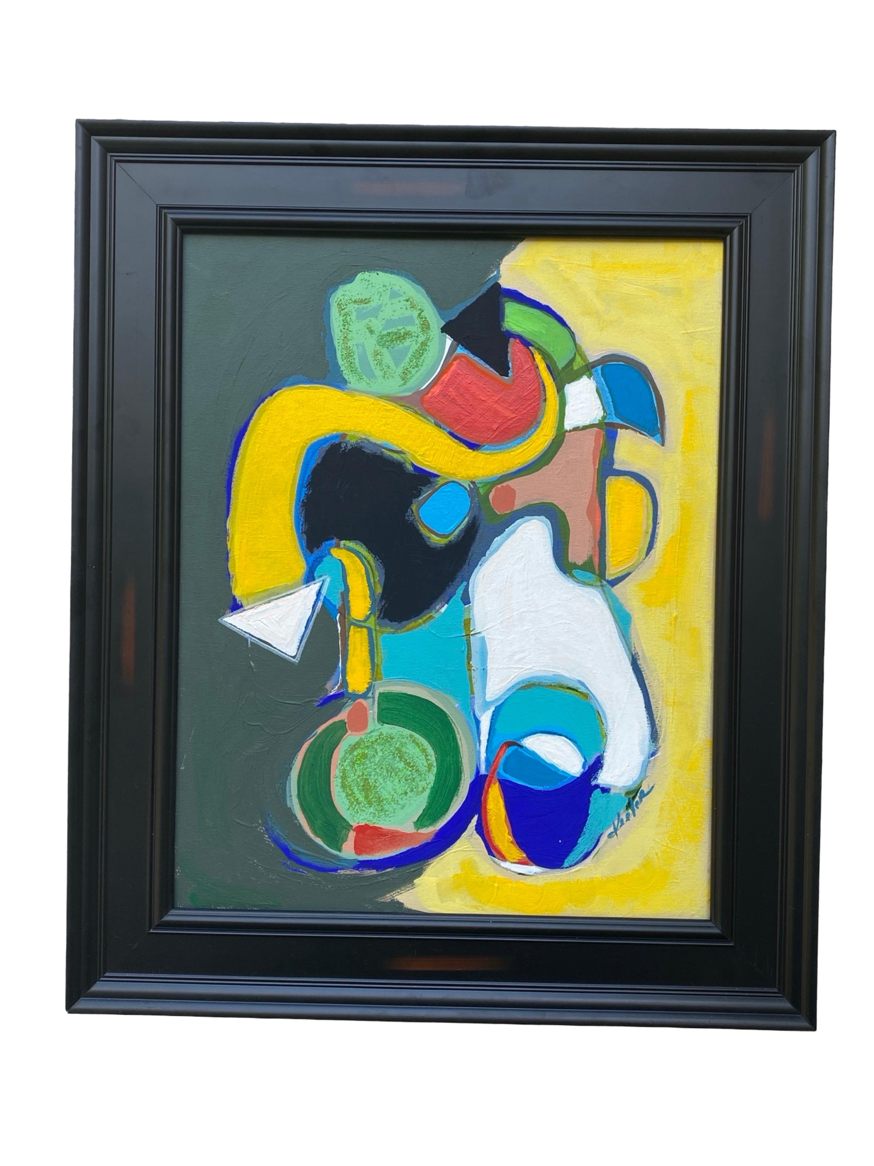 Lynda Keeler is a Palm Springs artist that uses neighborhood Road Maps as her inspiration in original an abstract paintings. This brightly colored Mixed Media (Oil and other materials on canvas) is beautifully framed (black antiqued frame) and ready