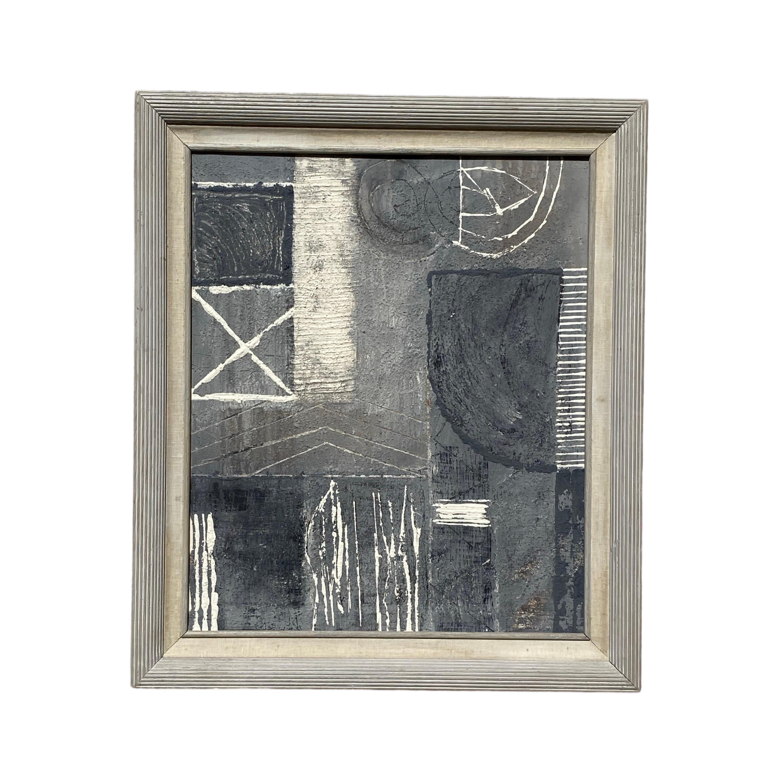 One of our favorite brutalist inspired original paintings by designer/artist George Machado from our collection. Done in shades of greys and creme textured acrylics. 
Titled “The Brutalist”. This painting has a great vintage creme wood and linen