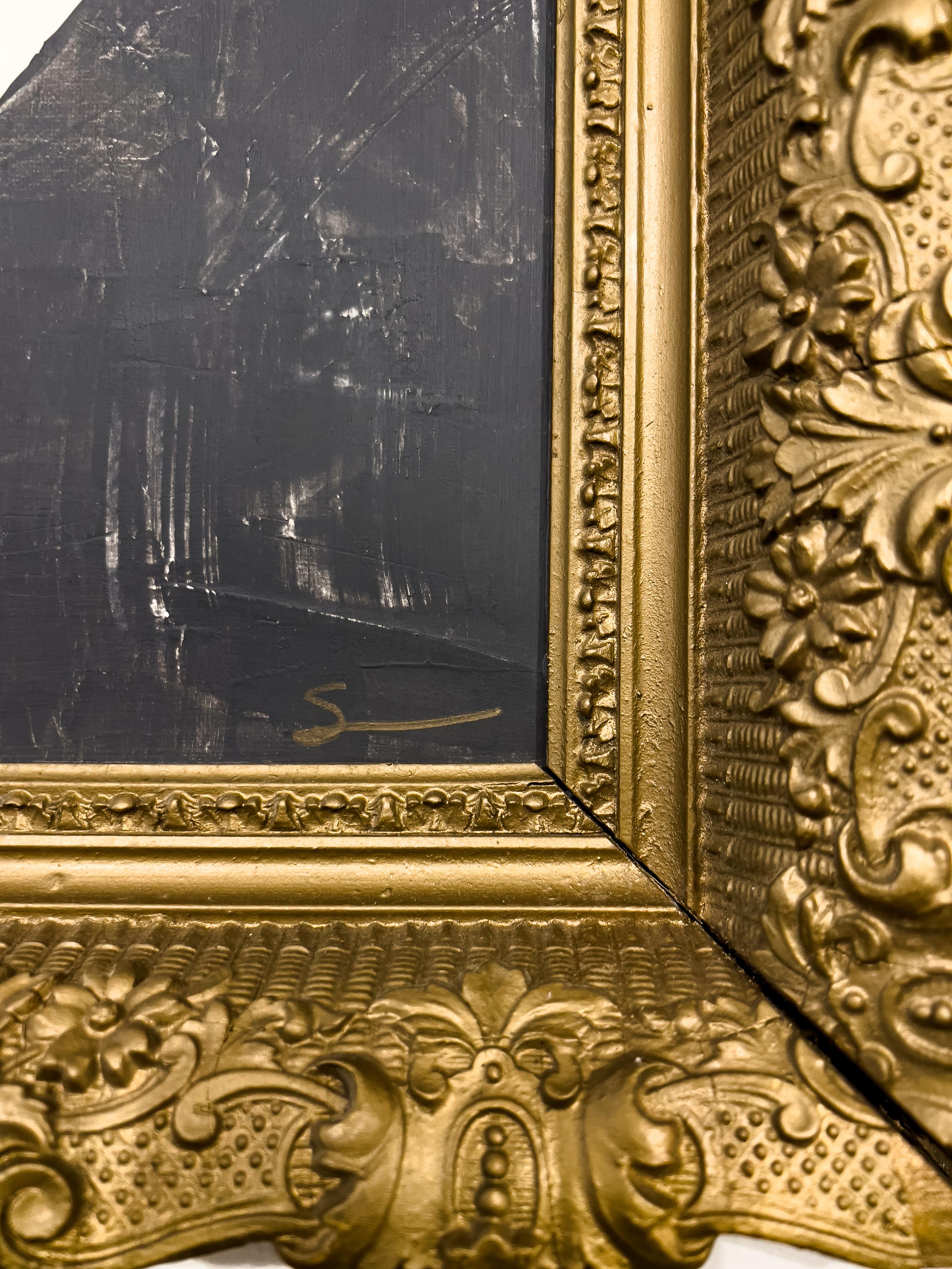 American Original Modern Contemporary Black and White Painting in Antique Gilt Frame