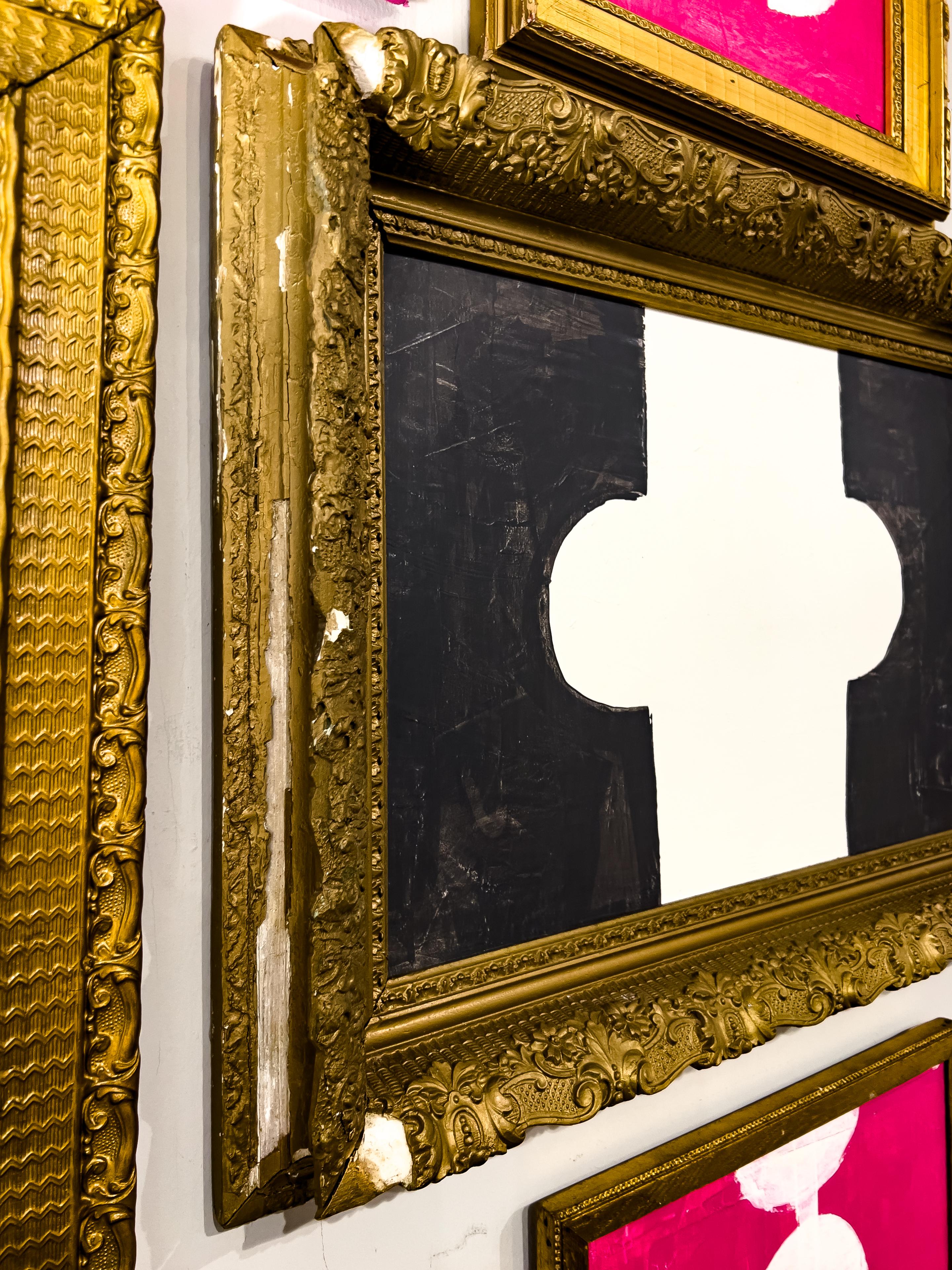 Original Modern Contemporary Black and White Painting in Antique Gilt Frame 1