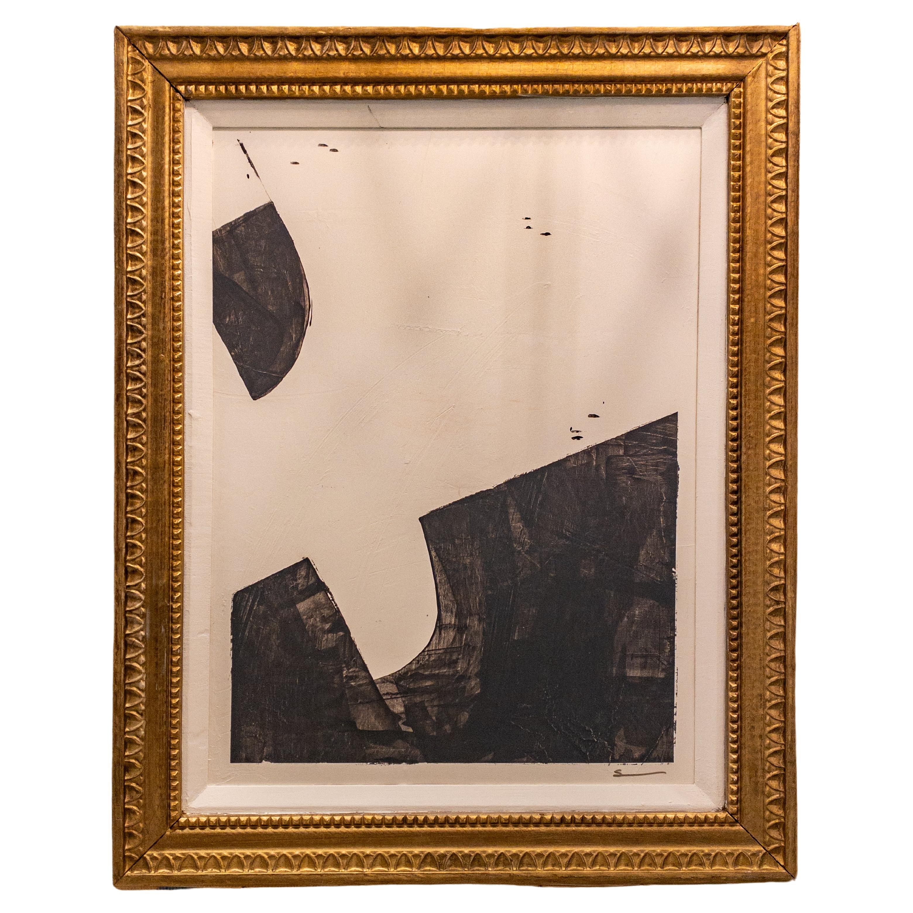 Original Modern Contemporary Black and White Painting in Antique Gilt Frame For Sale