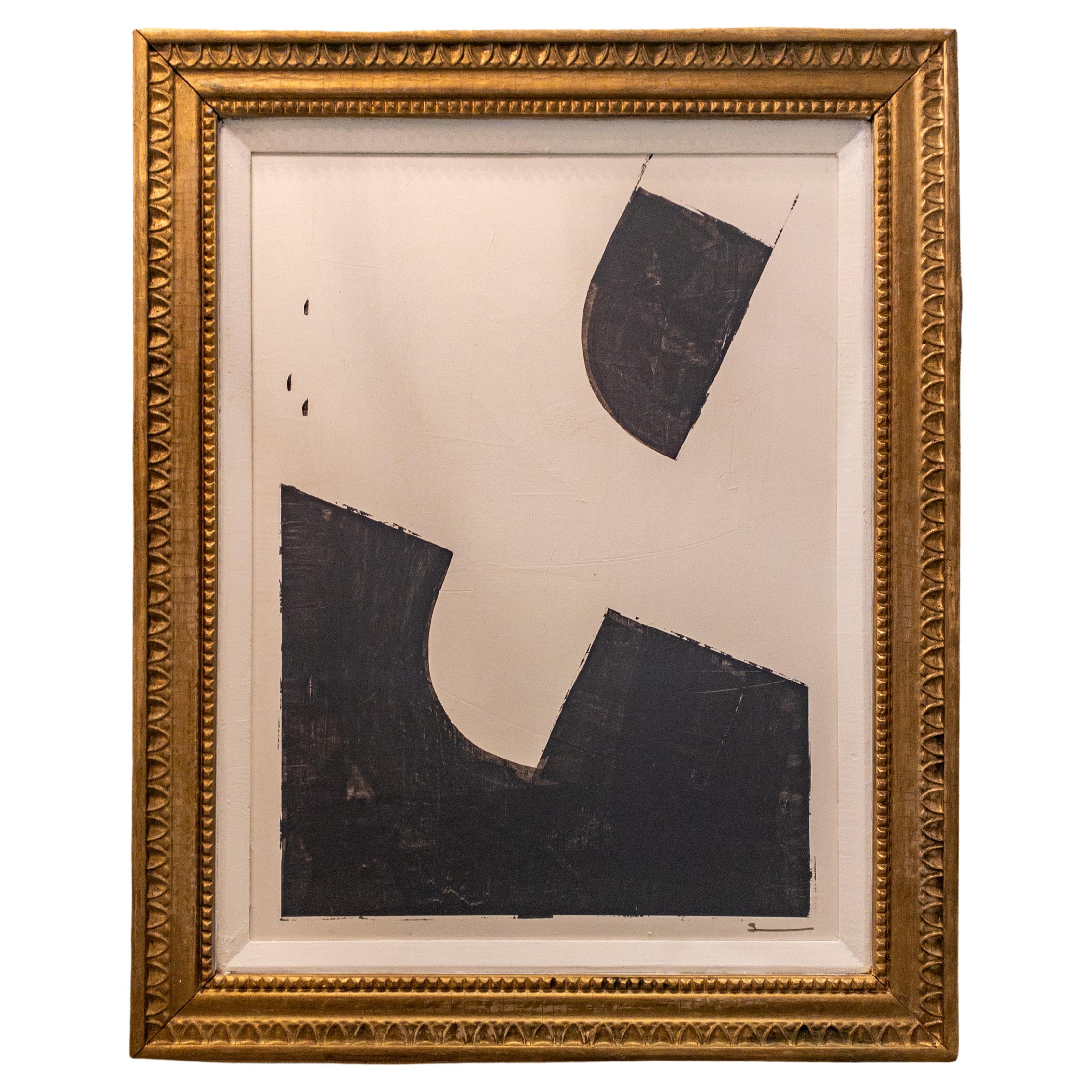 Original Modern Contemporary Black and White Painting in Antique Gilt Frame For Sale