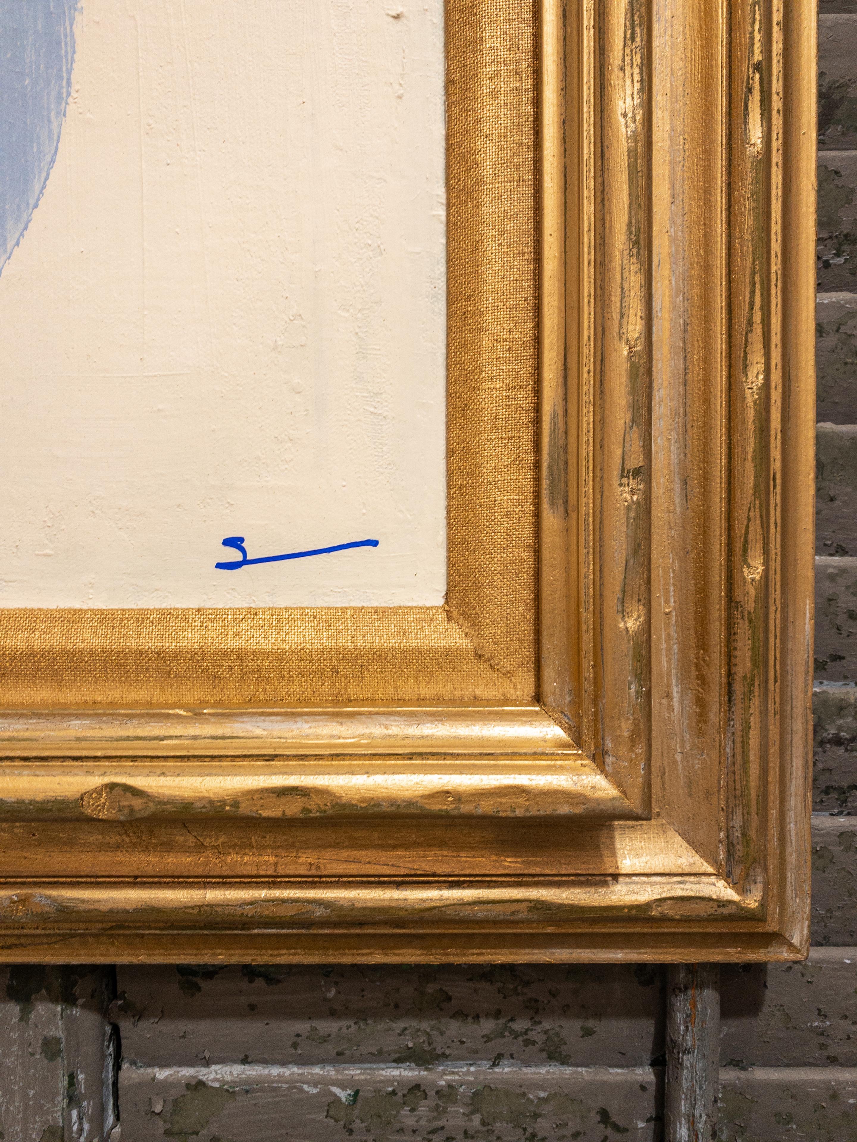 Original Modern Contemporary Französisch Blau und Weiß Gemälde in antiken vergoldeten Rahmen von Houston Texas Künstler Shannon Weir. Weirs künstlerisches Können zeigt sich im harmonischen Zusammenspiel der ruhigen französischen Blautöne und des