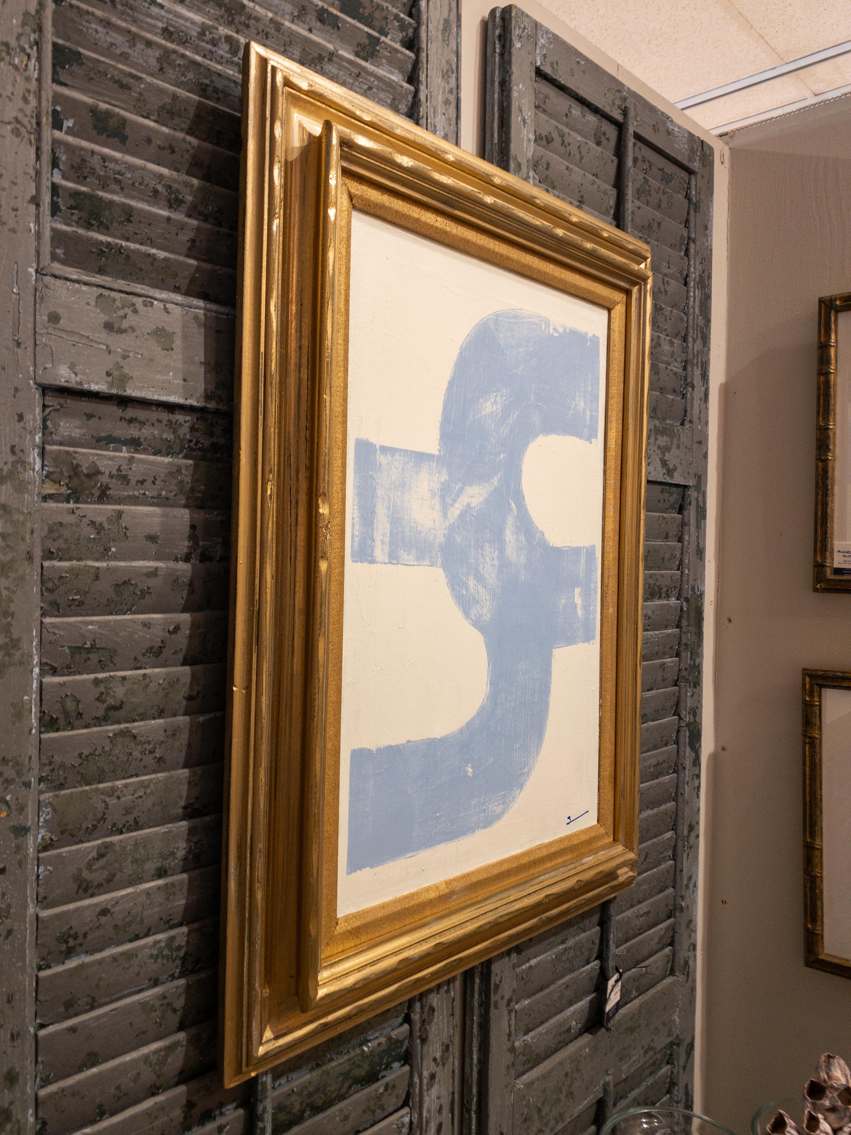 Original Modern Contemporary French Blue and White Painting in antikem vergoldetem Rahmen im Zustand „Gut“ im Angebot in Houston, TX
