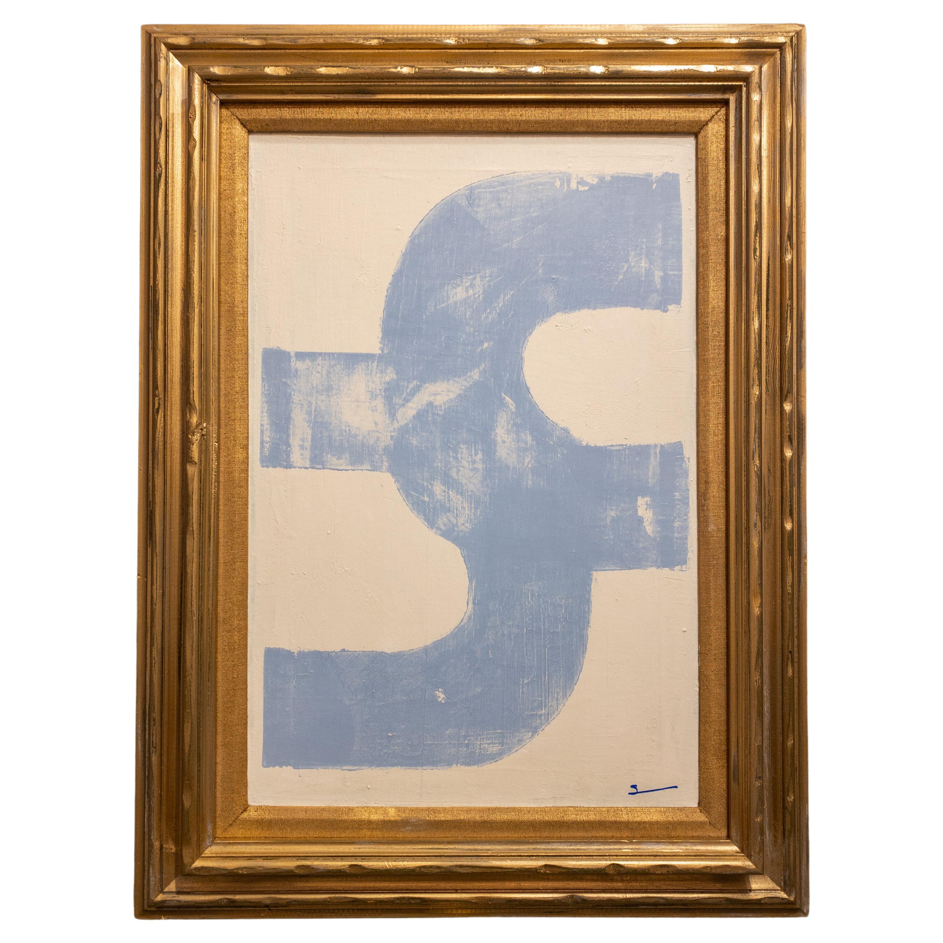 Original Modern Contemporary French Blue and White Painting in Antique Gilt Fram.