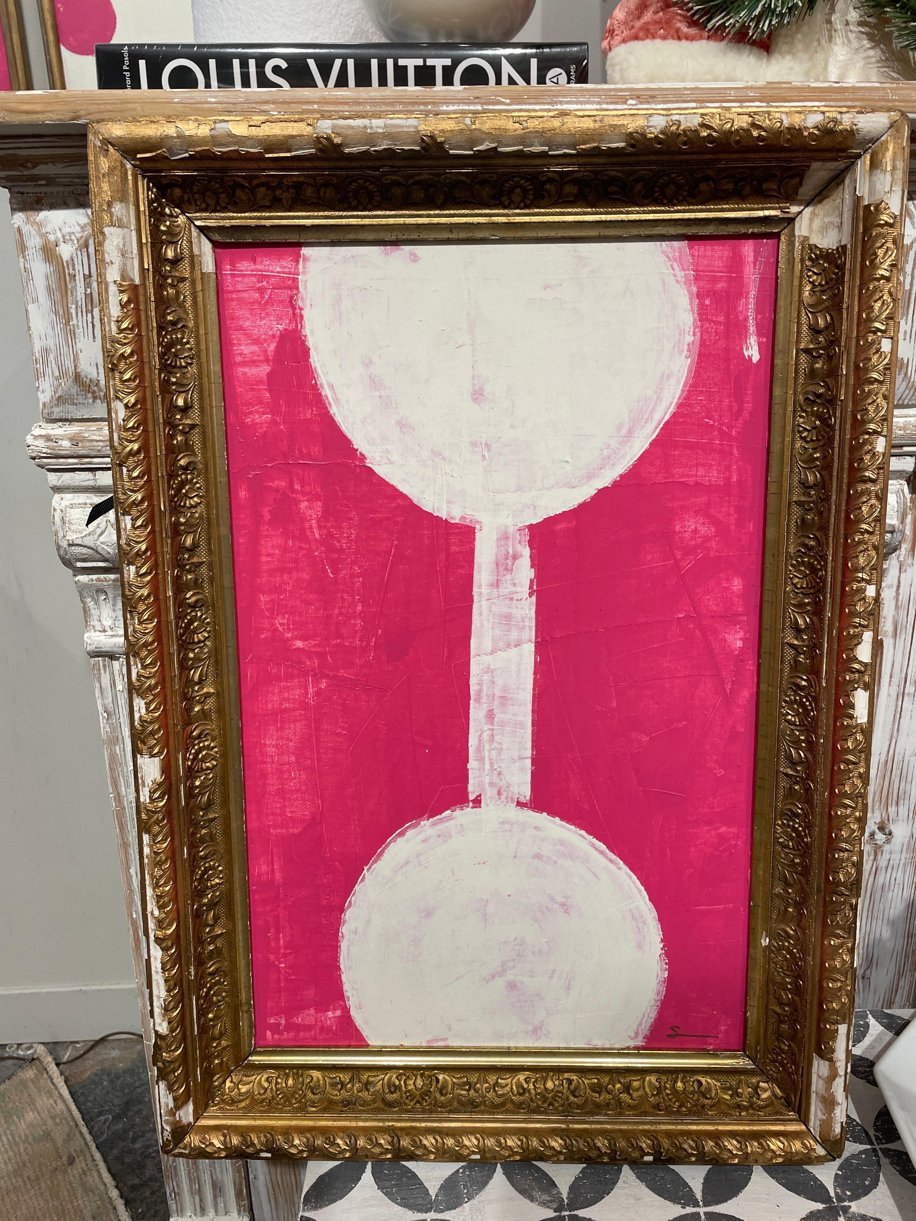 Painted Original Modern Contemporary Pink and White Painting in Antique Gilt Frame