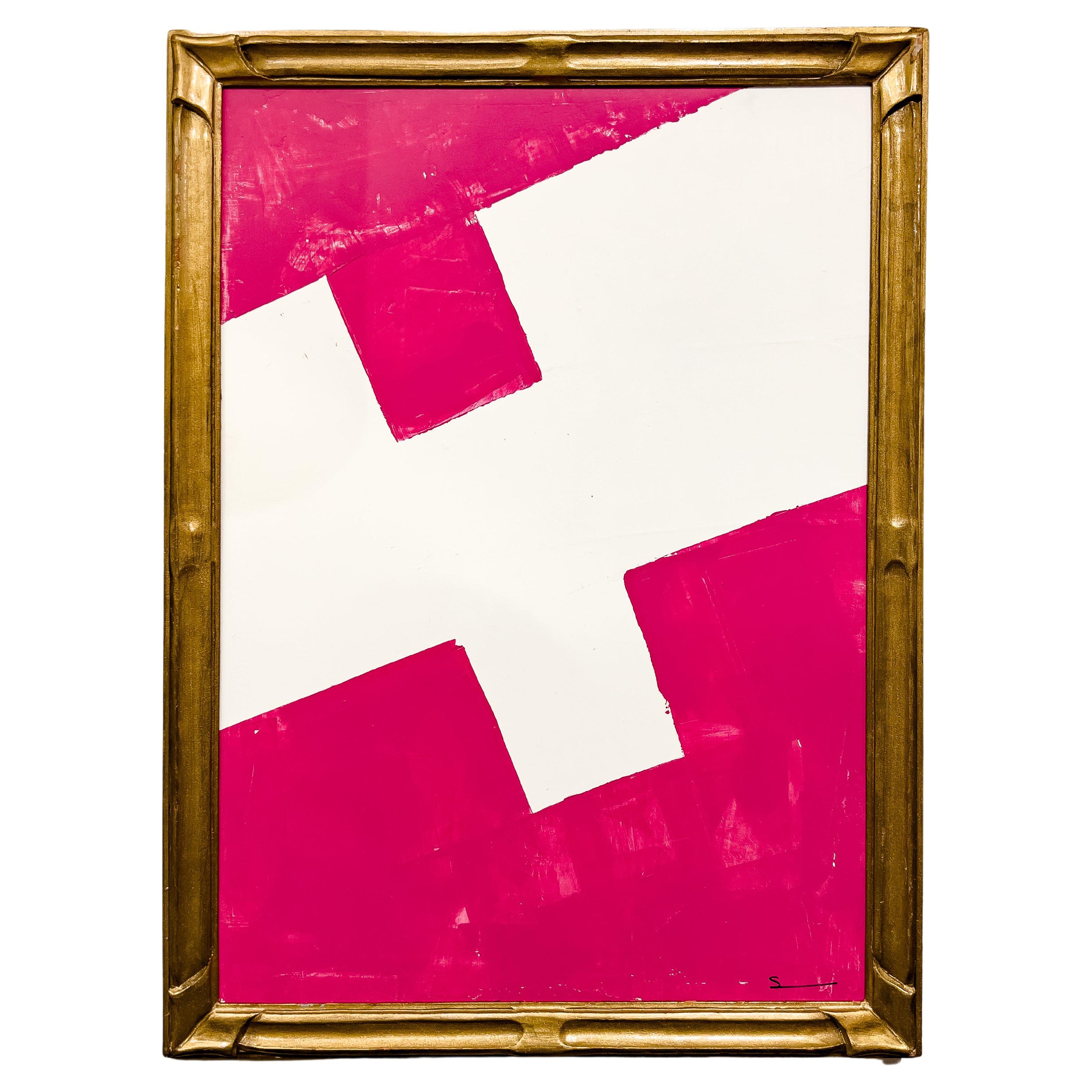 Original Modern Contemporary Pink and White Painting in Antique Gilt Frame For Sale