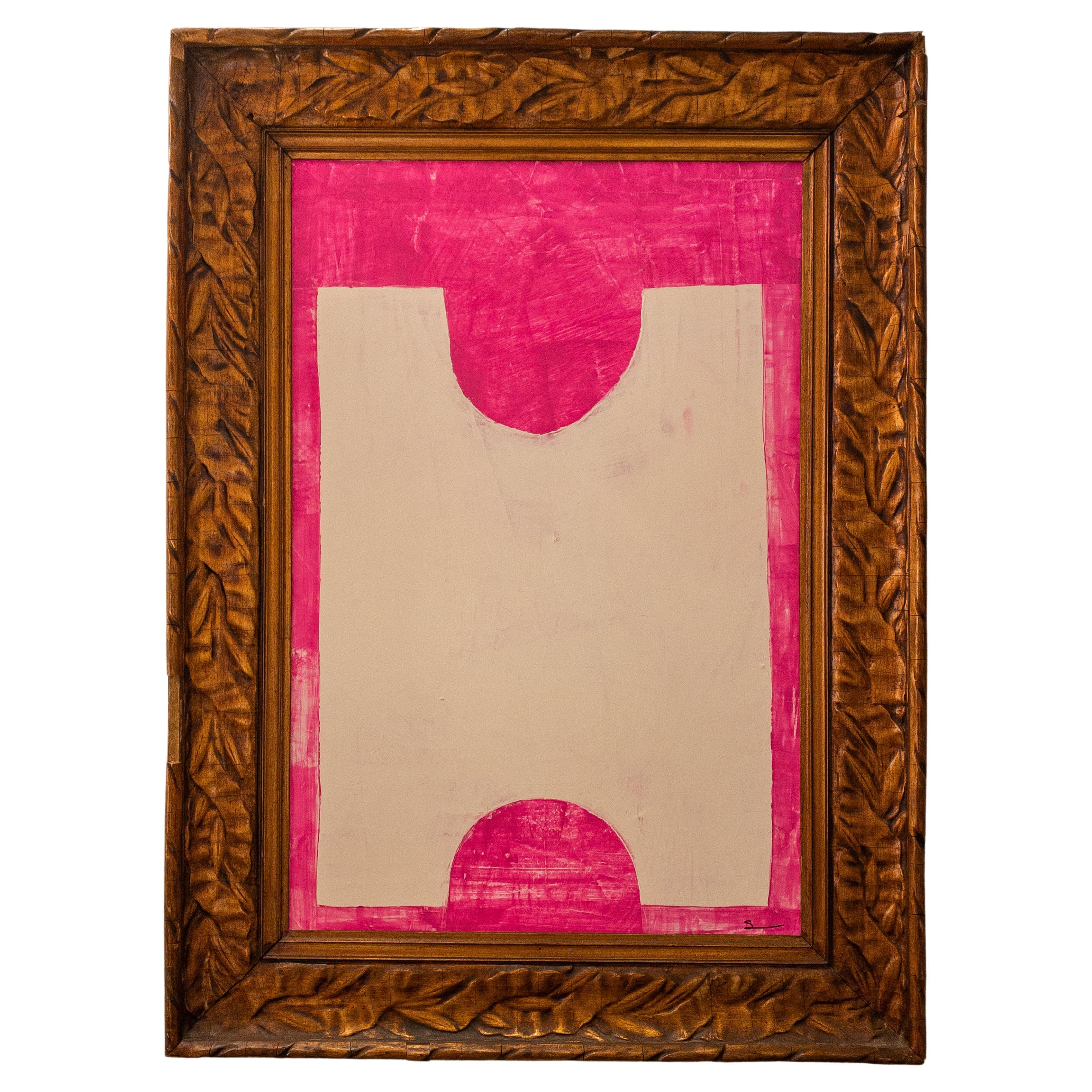 Original Modern Contemporary Pink and White Painting in Antique Gilt Frame