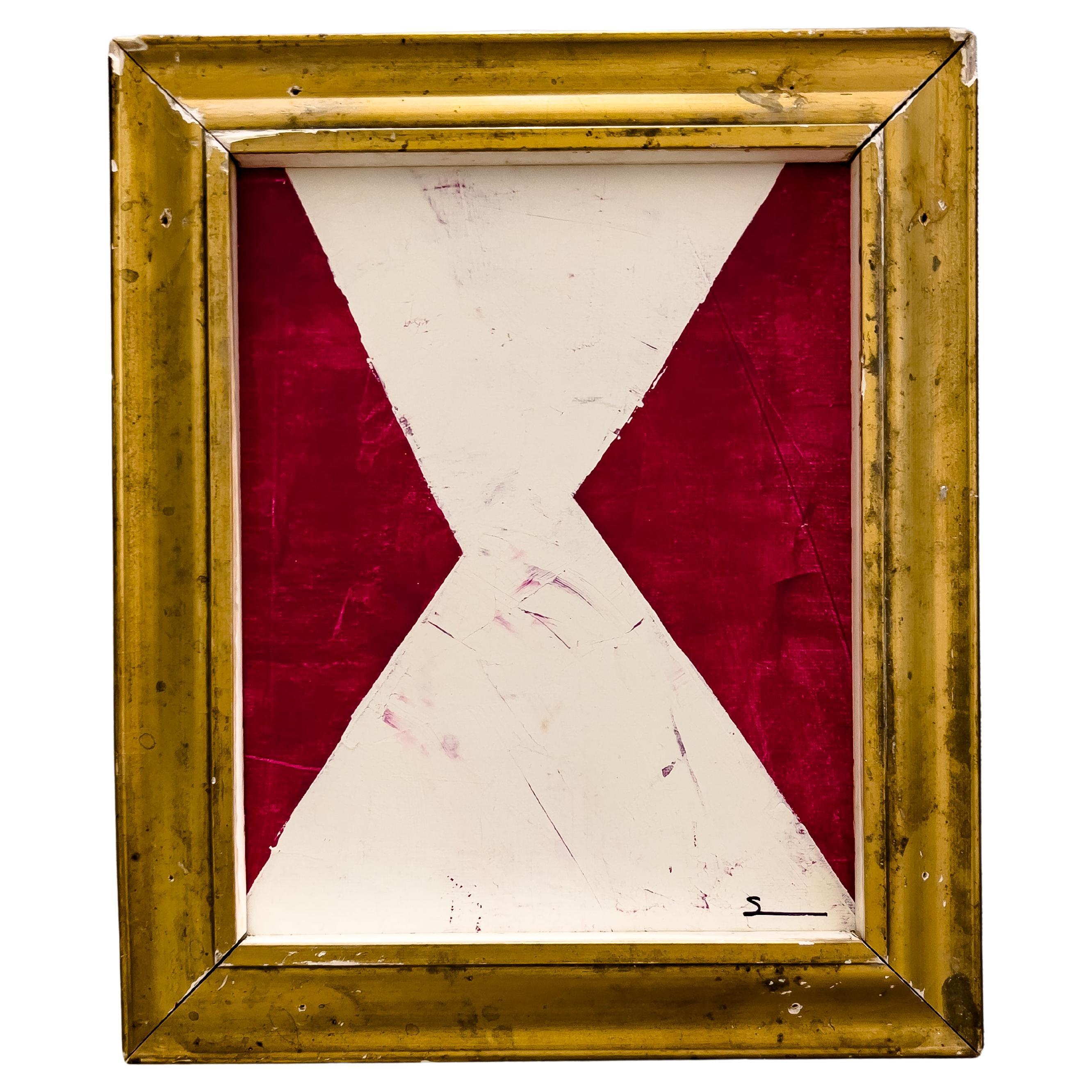 Originales modernes zeitgenössisches rot-weißes Gemälde in antikem, vergoldetem Rahmen im Angebot