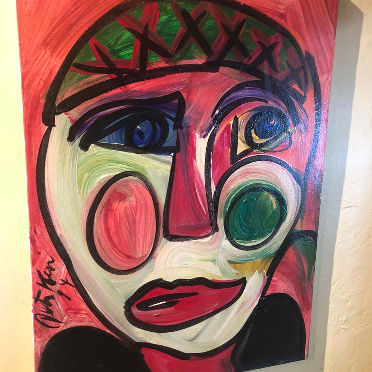 A very cool original expressionist portrait by German artist Peter Keil, circa 1984. The painting is signed and dated on the reverse 