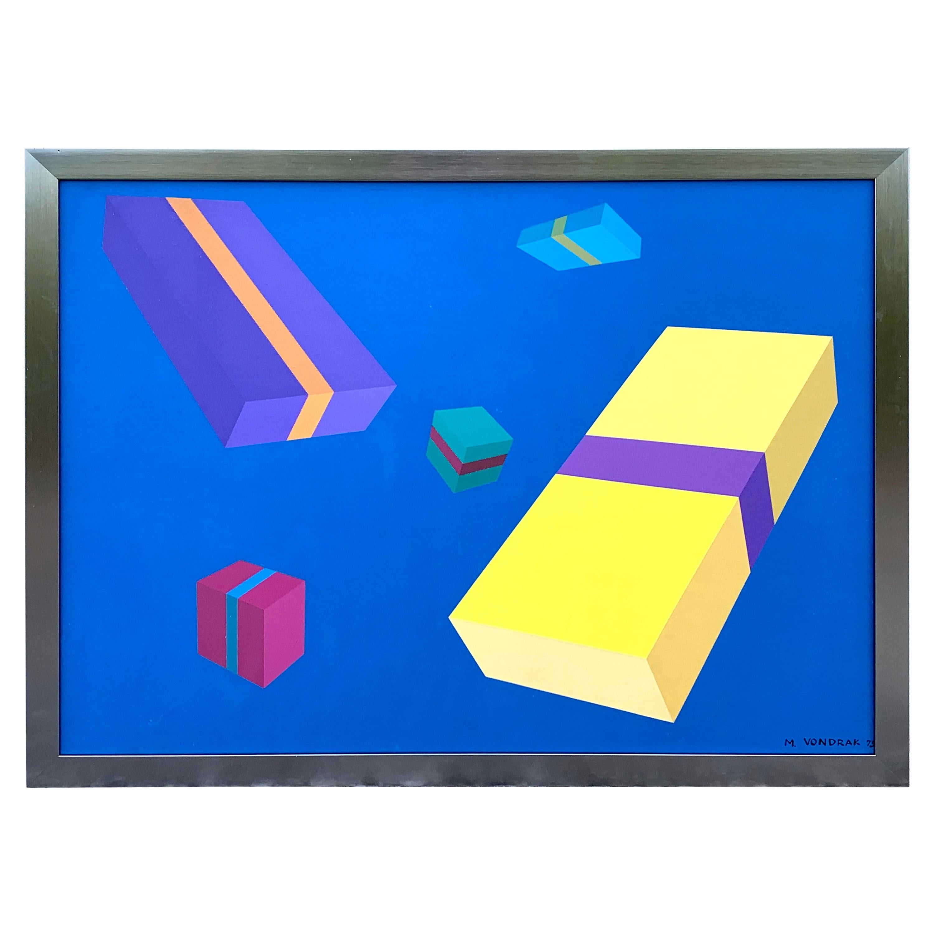 Geometriestudie  von  M. Vondrak, 1971
Signiert unten rechts M. Vondrak,  und datiert '71

Vorstellung der 'Geometrie-Studie'  signiert von dem Künstler M. Vondrak, gemalt im Jahr 1971. Dieses fesselnde Werk zeugt von Vondraks künstlerischer