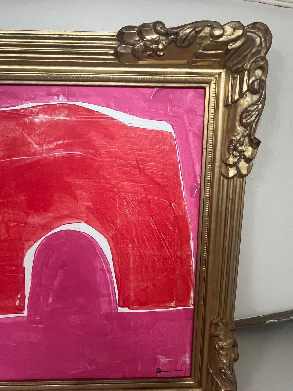 Un dipinto originale astratto in acrilico di Shannon Weir in una cornice dorata antica.