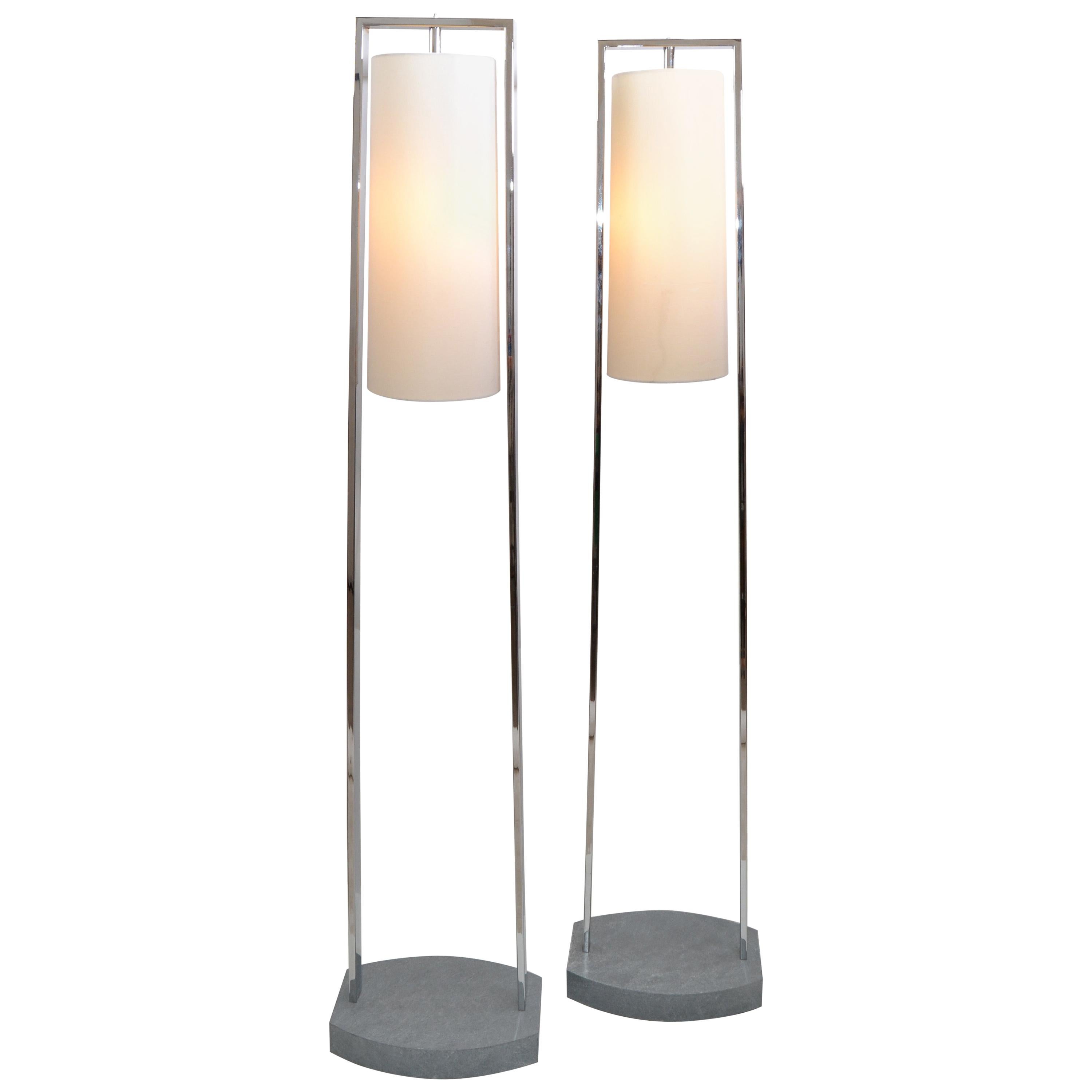 Original Modern Van Teal Chrome and Stone Floor Lamps Fabric Cone Shades Pair For Sale