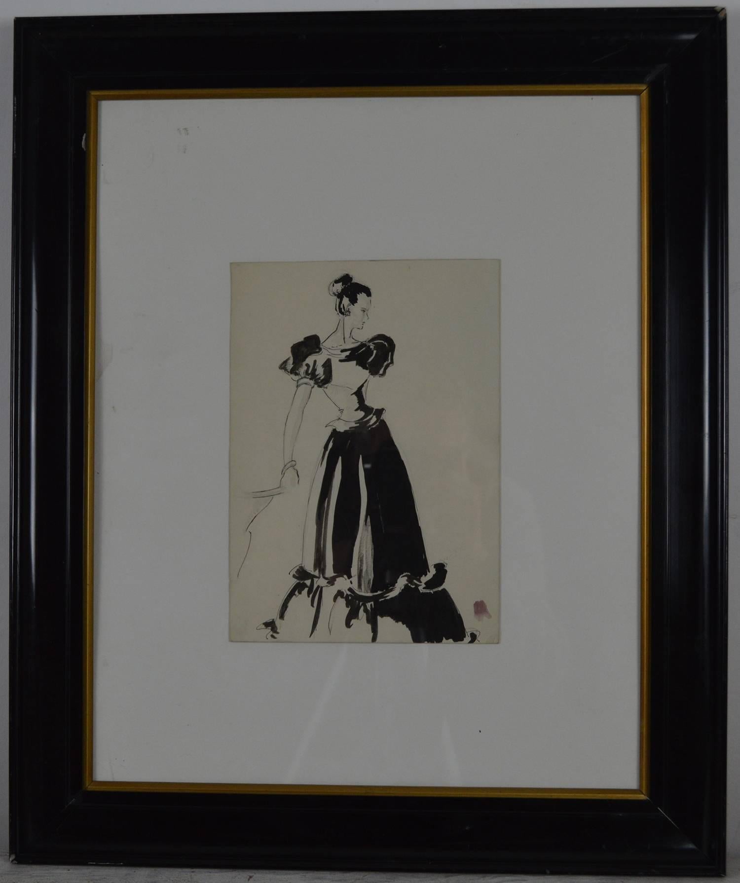 Wonderful pen and ink drawing by Pat Kerr, 1946. So evocative of the 1940s.

On card. Unsigned.

Presented in the original black lacquer frame.

Drawn for A & C Kay, New Bond St, London.

  

