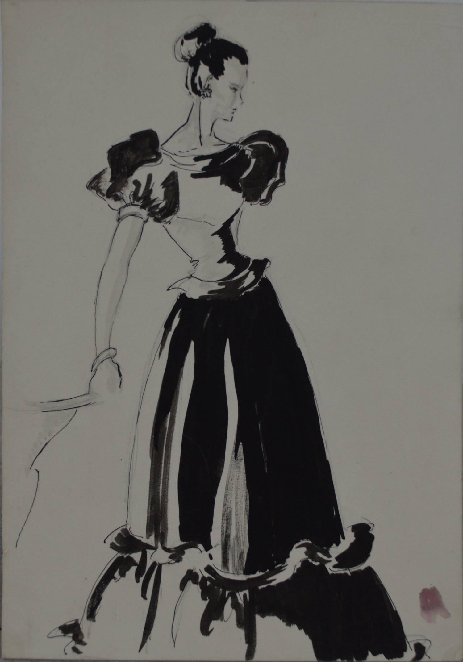 Mid-Century Modern Original Monochrome Fashion Drawing, Pat Kerr, 1946