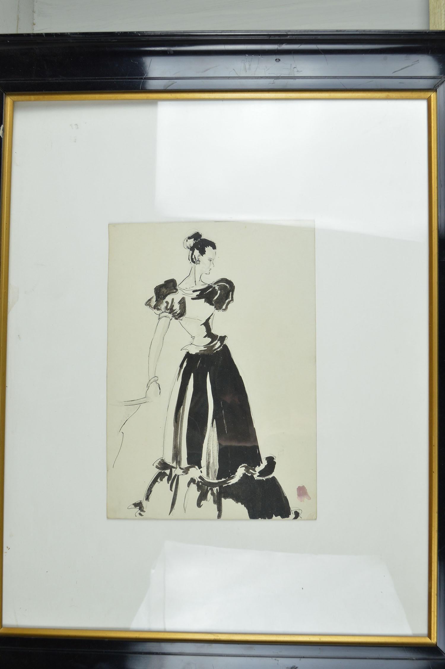 English Original Monochrome Fashion Drawing, Pat Kerr, 1946