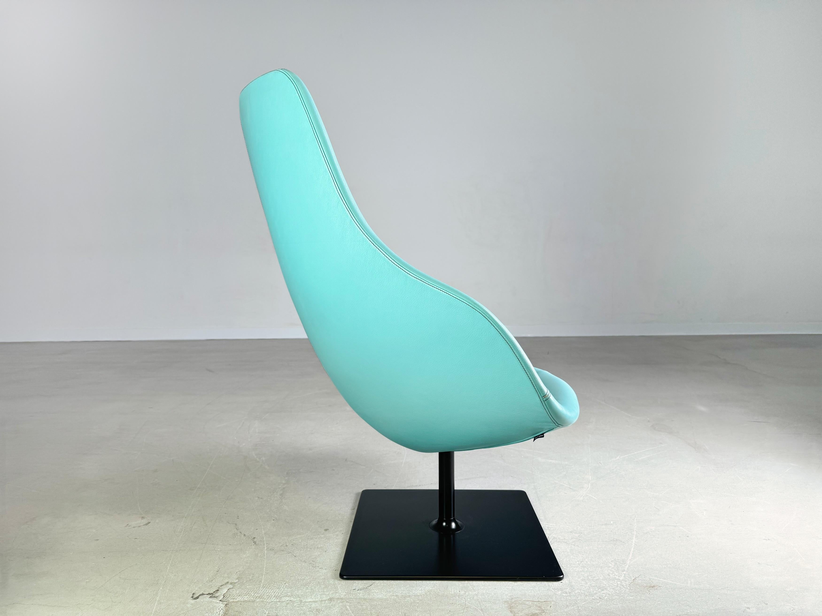 Italian Original Moroso armchair leather blue turquoise Patricia Urquiola swivel For Sale