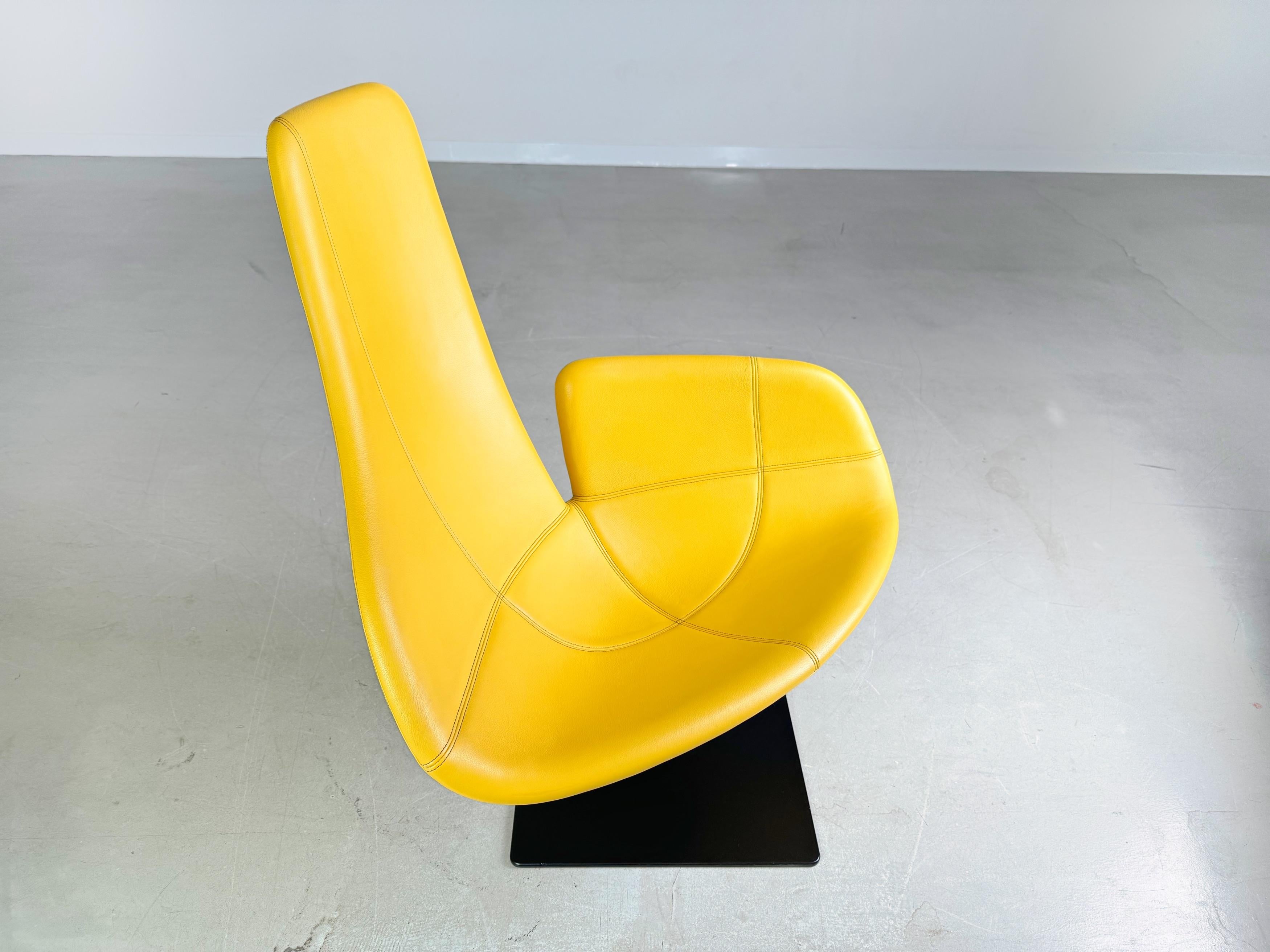 Italian Original Moroso armchair leather yellow Patricia Urquiola swivel For Sale