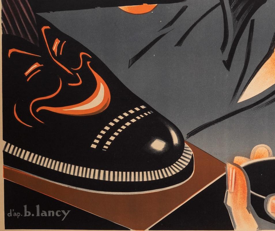 Art Deco Bernard Lancy, Original Vintage Movie Poster, Smiling Shoe Shine Black Lion 1940 For Sale