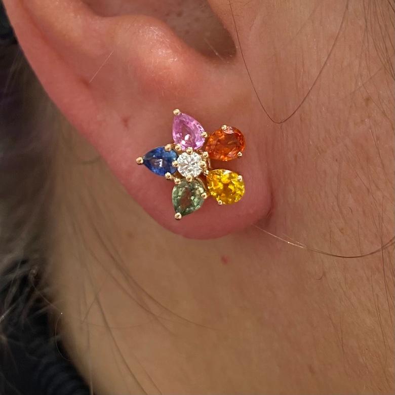 Rose 18K Gold Earrings 
Diamond 0.18 Cts/2 Pcs
Multi Sapphire 2.81 Cts/10 Pcs 

It is our honor to create fine jewelry, and it’s for that reason that we choose to only work with high-quality, enduring materials that can almost immediately turn into