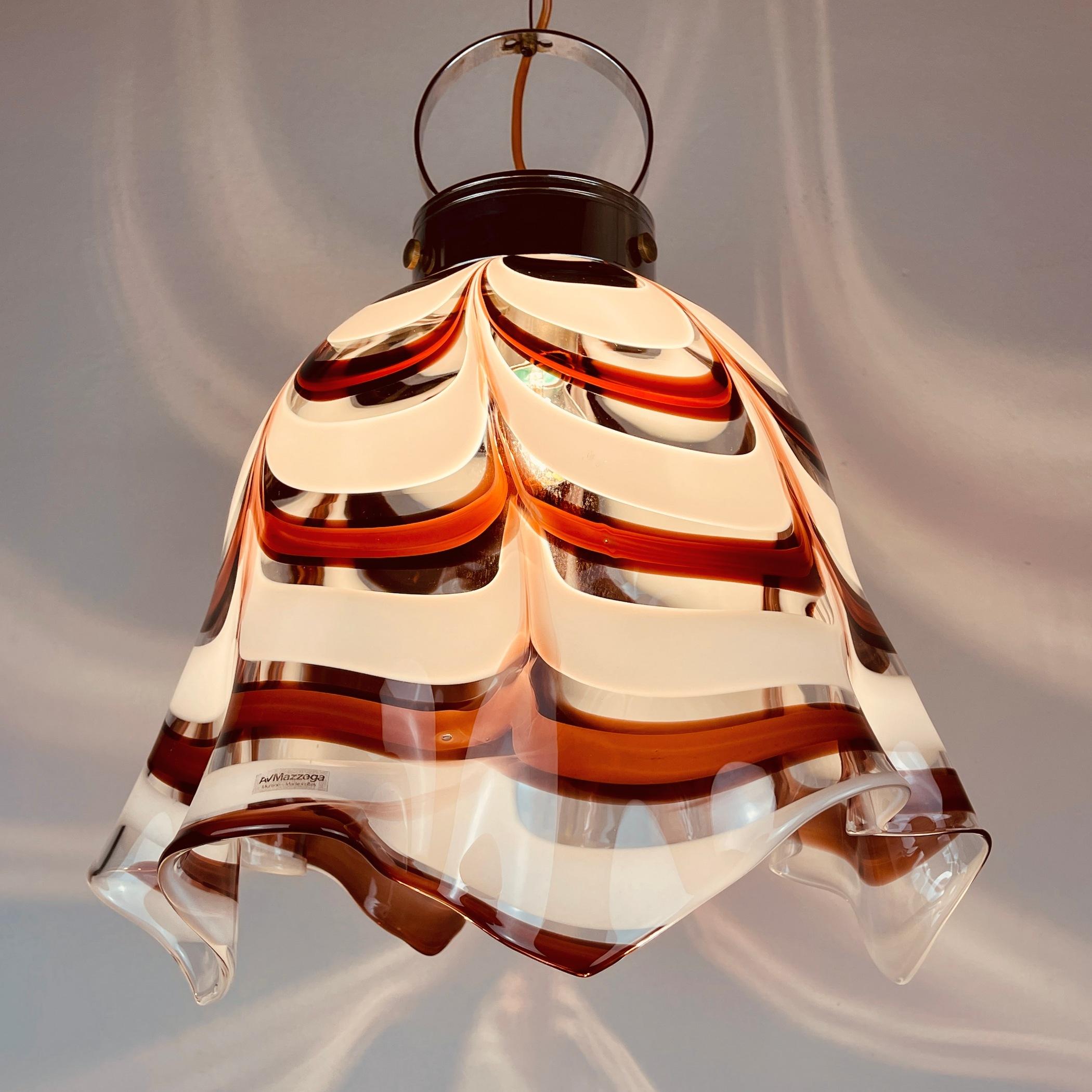 Italian Original Murano Glass Brown Pendant Lamp Fazzoletto by AV Mazzega Italy 1970s  For Sale