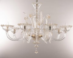 Lustre original en verre de Murano 6 lumières clair et or Made in Italy en stock