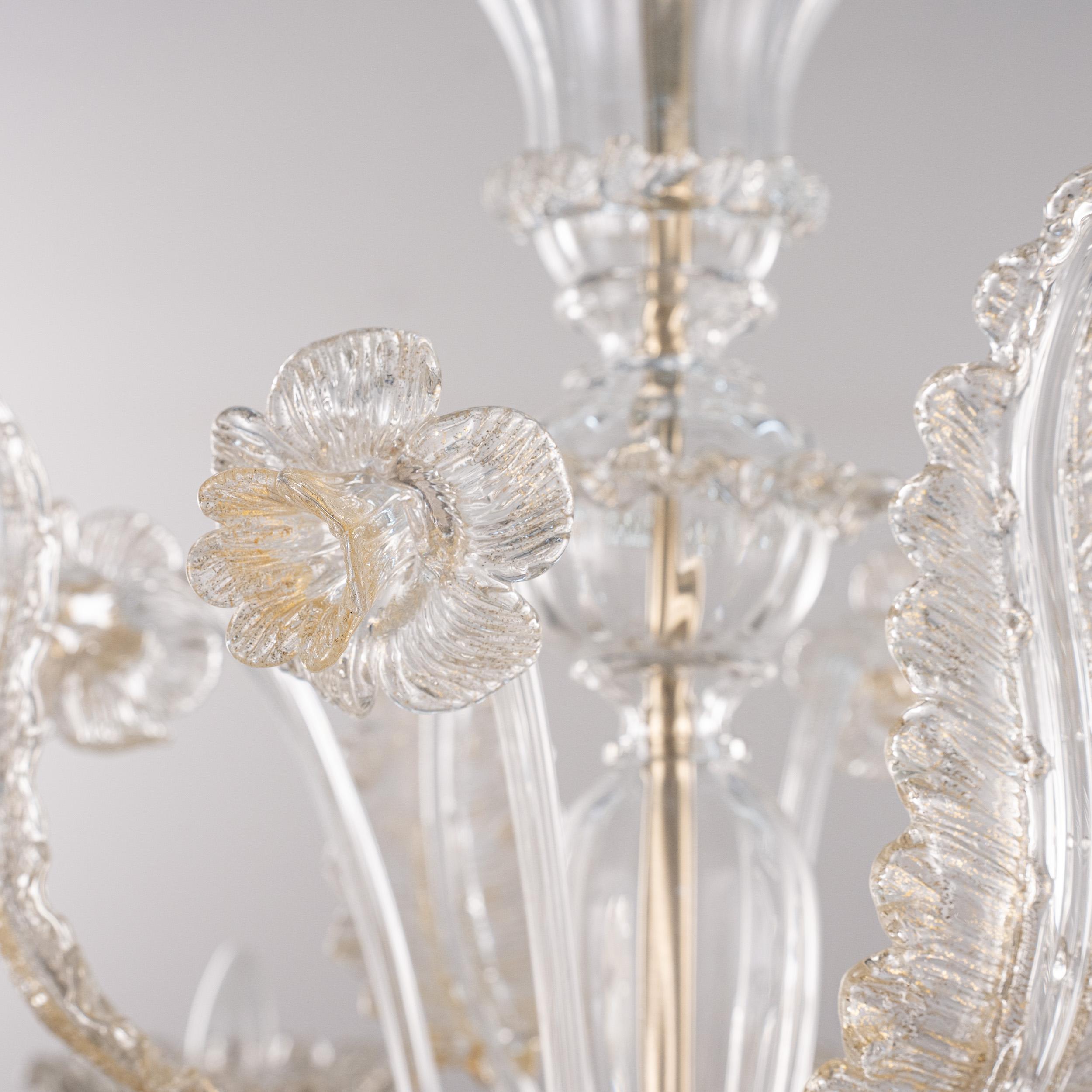 Original Murano Glas Kronleuchter 6 Lichter klar und gold Made in Italy auf Lager (Messing) im Angebot