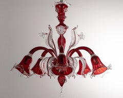 Original Murano glass chandelier in red 5 lights, Vintage Made in Italy in stock