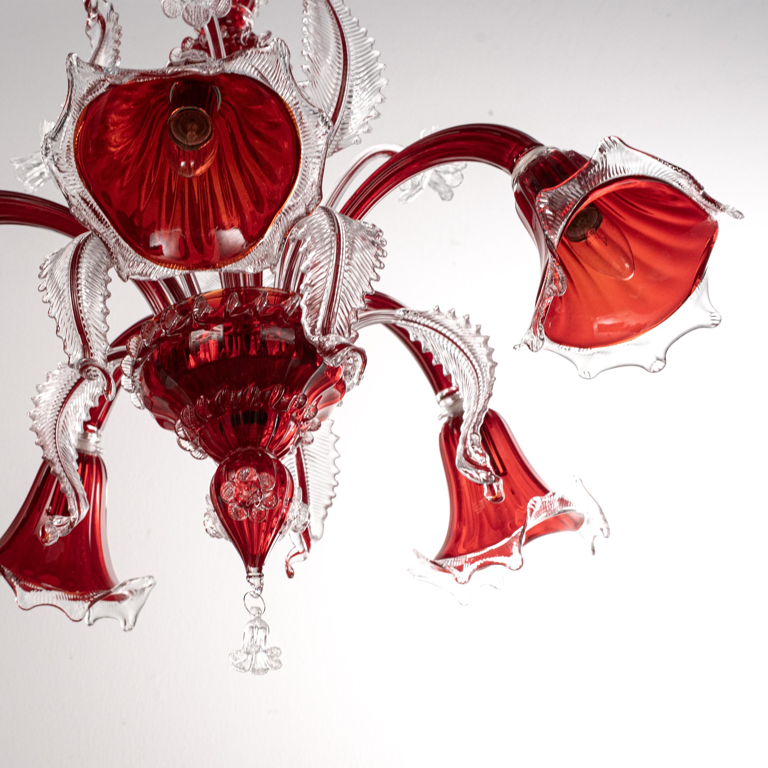 Italiano Lampadario originale in vetro di Murano rosso a 5 luci, Vintage Made in Italy in stock in vendita