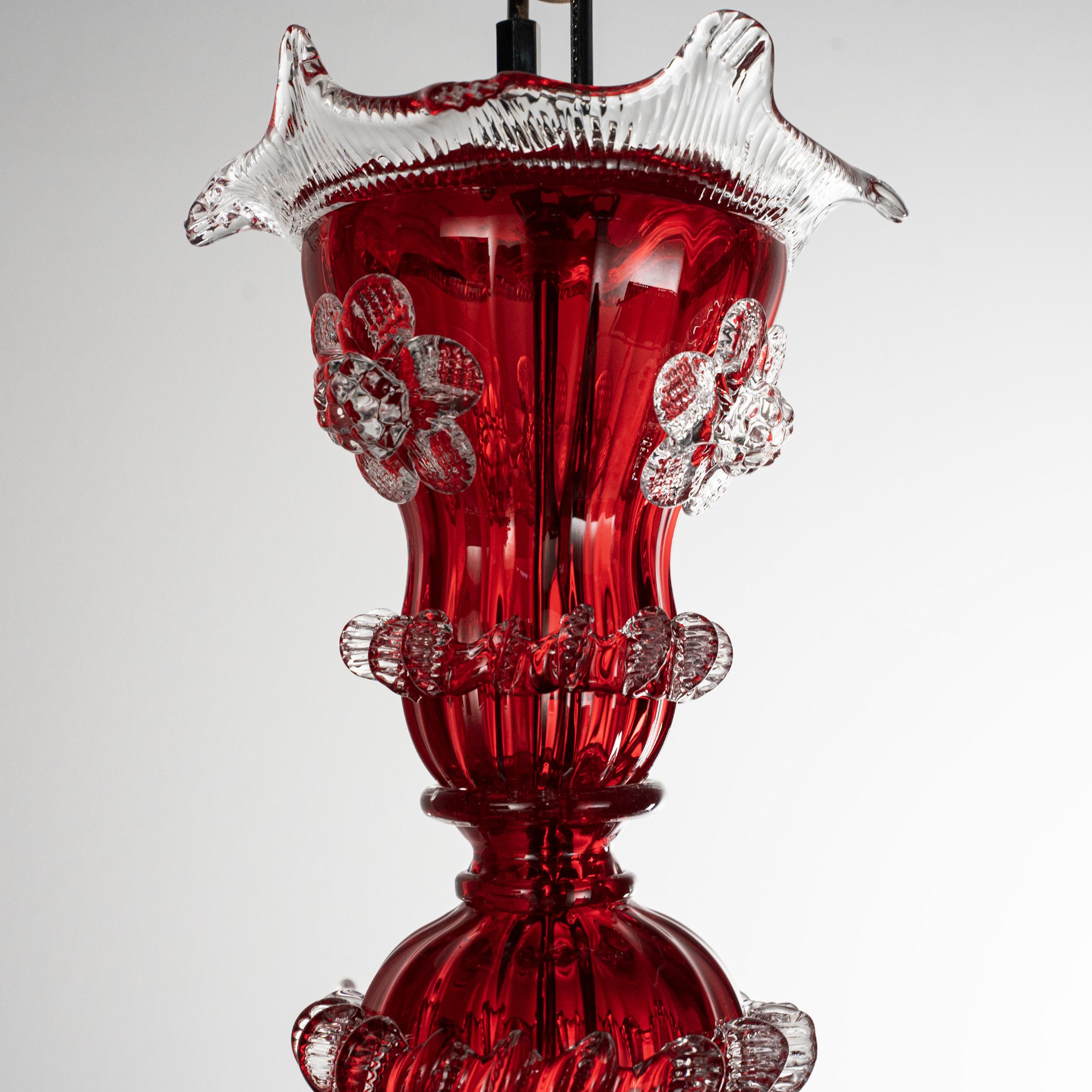 Ottone Lampadario originale in vetro di Murano rosso a 5 luci, Vintage Made in Italy in stock in vendita