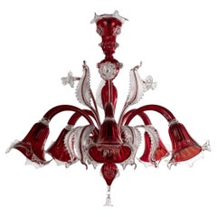 Lampadario originale in vetro di Murano rosso a 5 luci, Vintage Made in Italy in stock