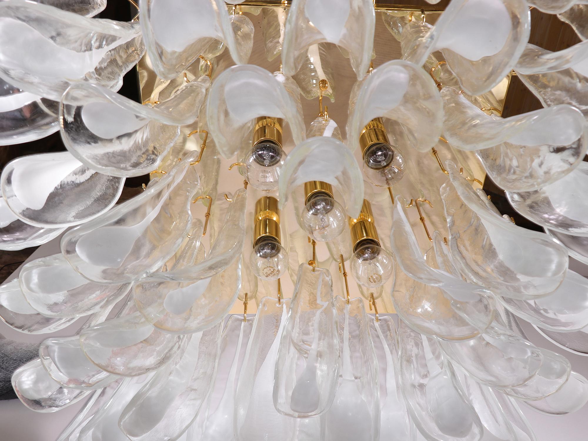 Italian 1970 Italy Mazzega Flush Mount Ceiling Light Murano Glass Petals & Gilt-Brass