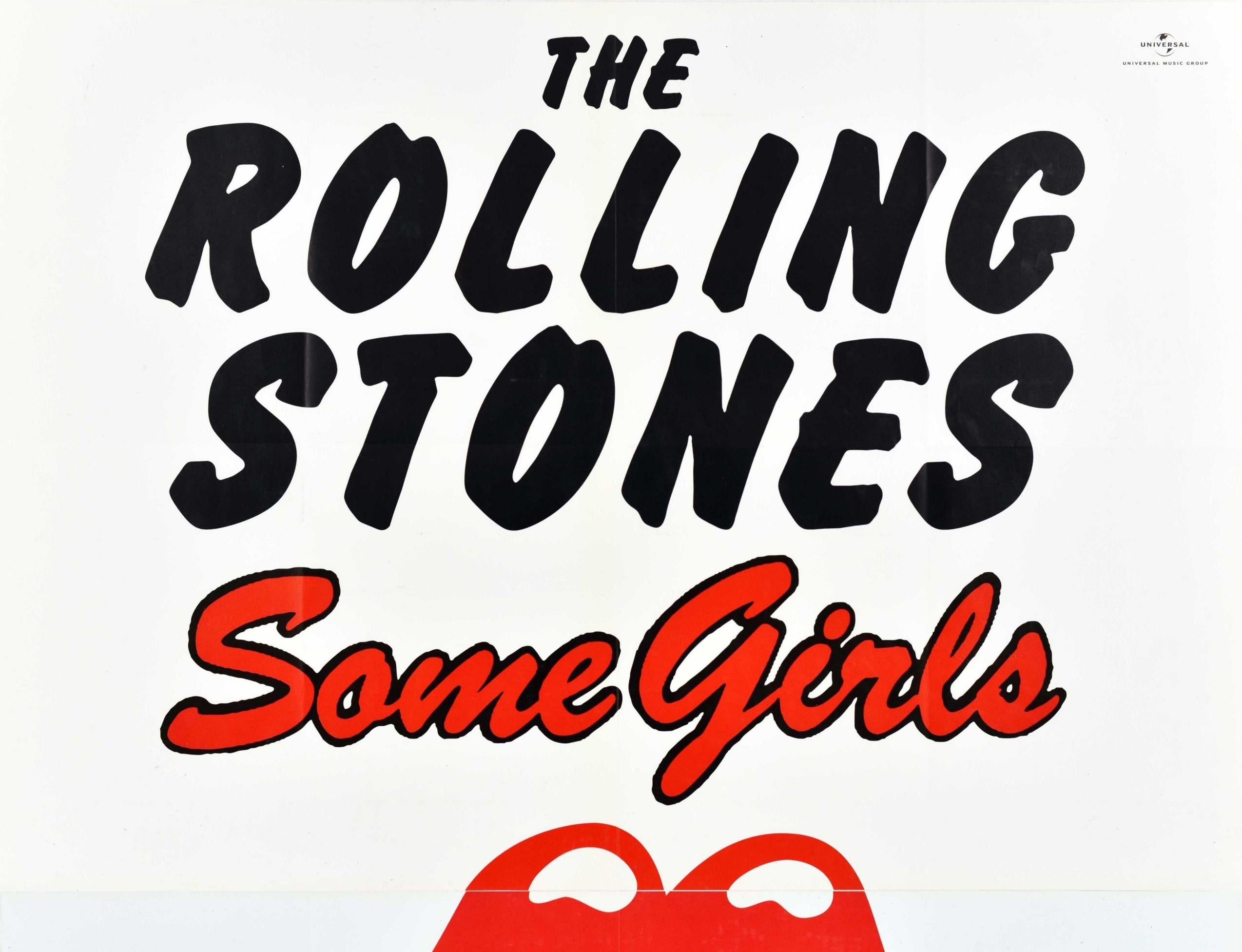 Original music advertising poster for The Rolling Stones Some Girls studio album double CD featuring the iconic tongue and lips logo (aka Hot Lips logo) designed by the English art designer John Pasche in 1970, the title text in bold black and red