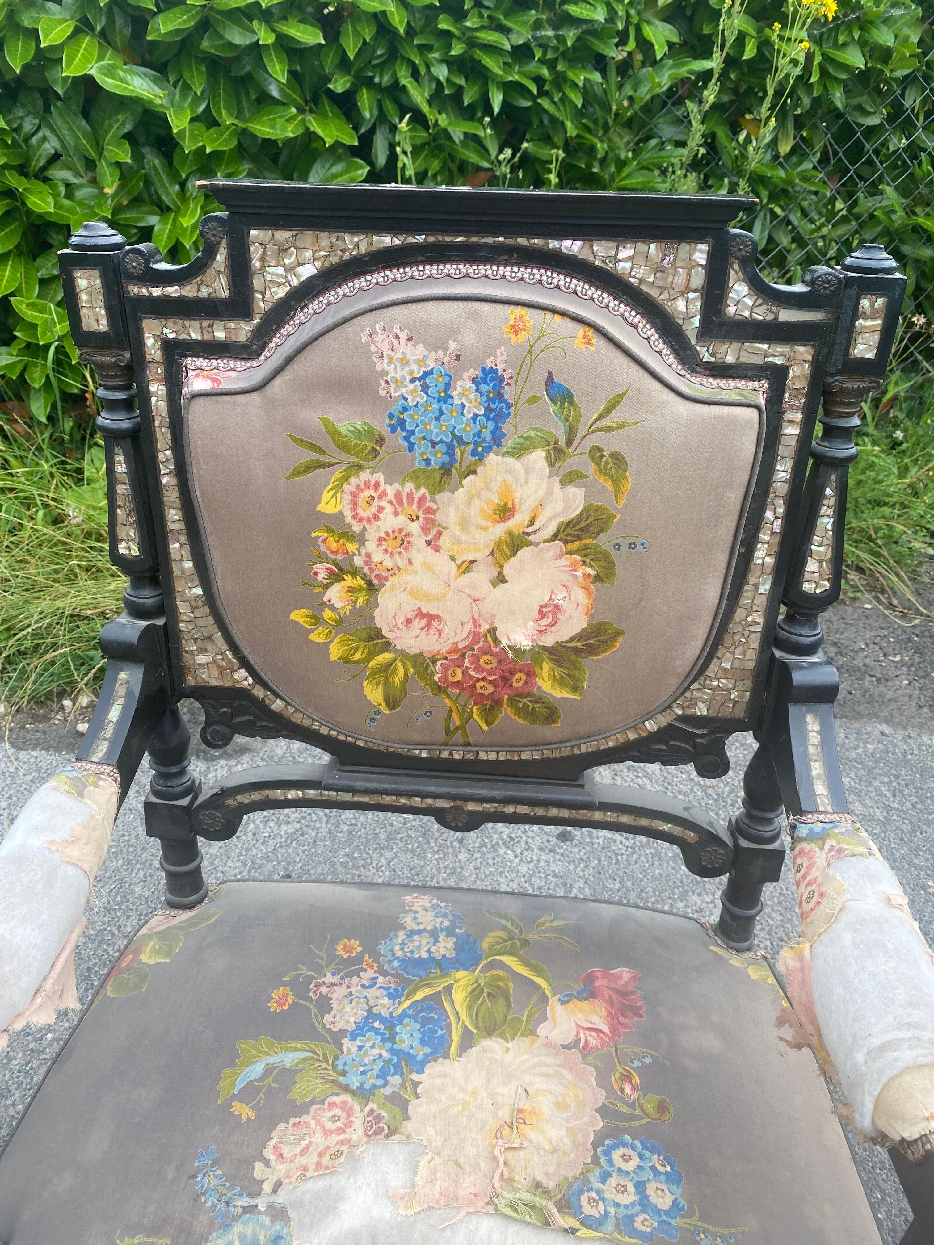 19th Century Original Napoleon III Armchair, Blackened Wood, Mother-of-pearl Inlay For Sale