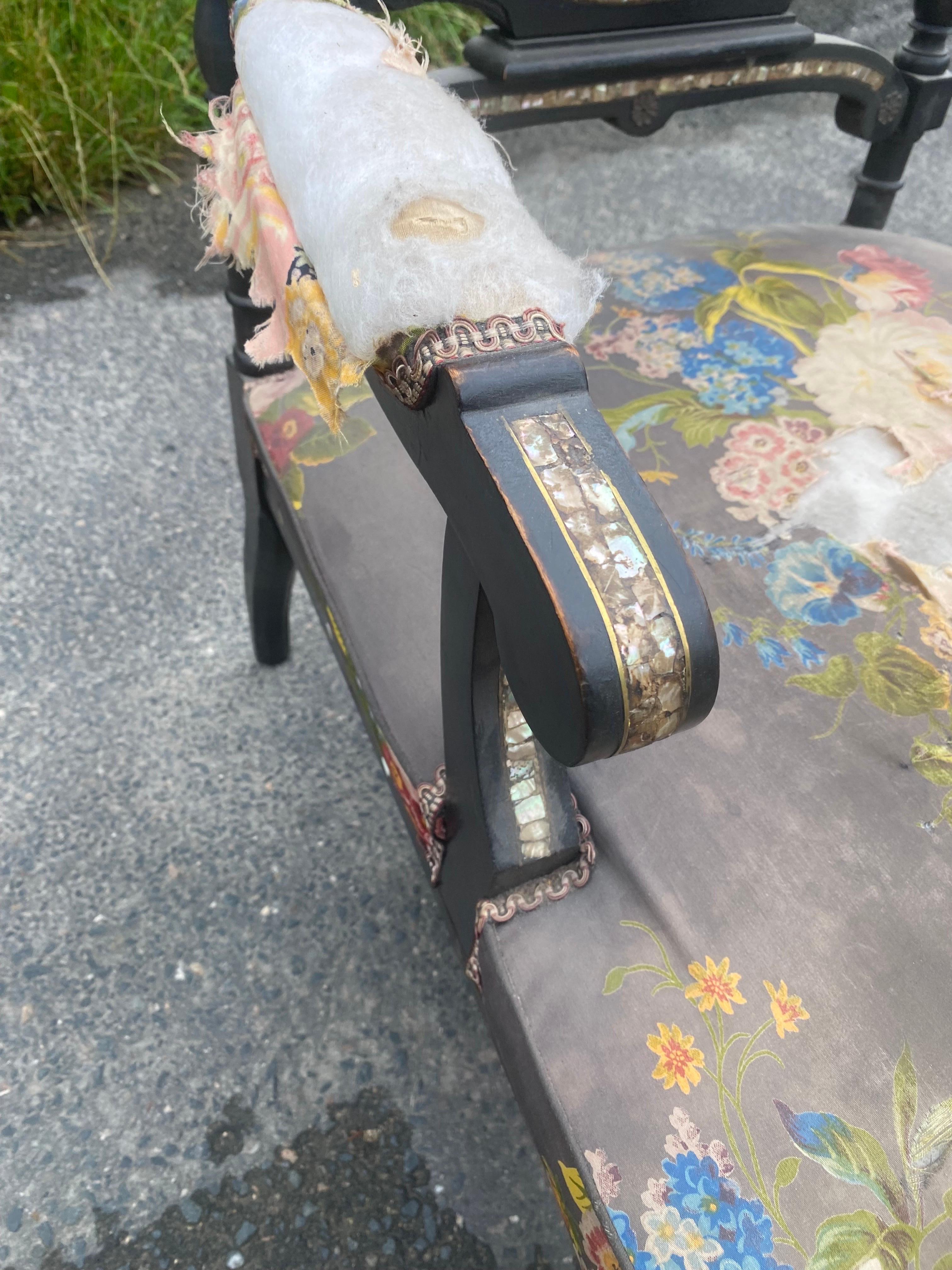 Mother-of-Pearl Original Napoleon III Armchair, Blackened Wood, Mother-of-pearl Inlay For Sale
