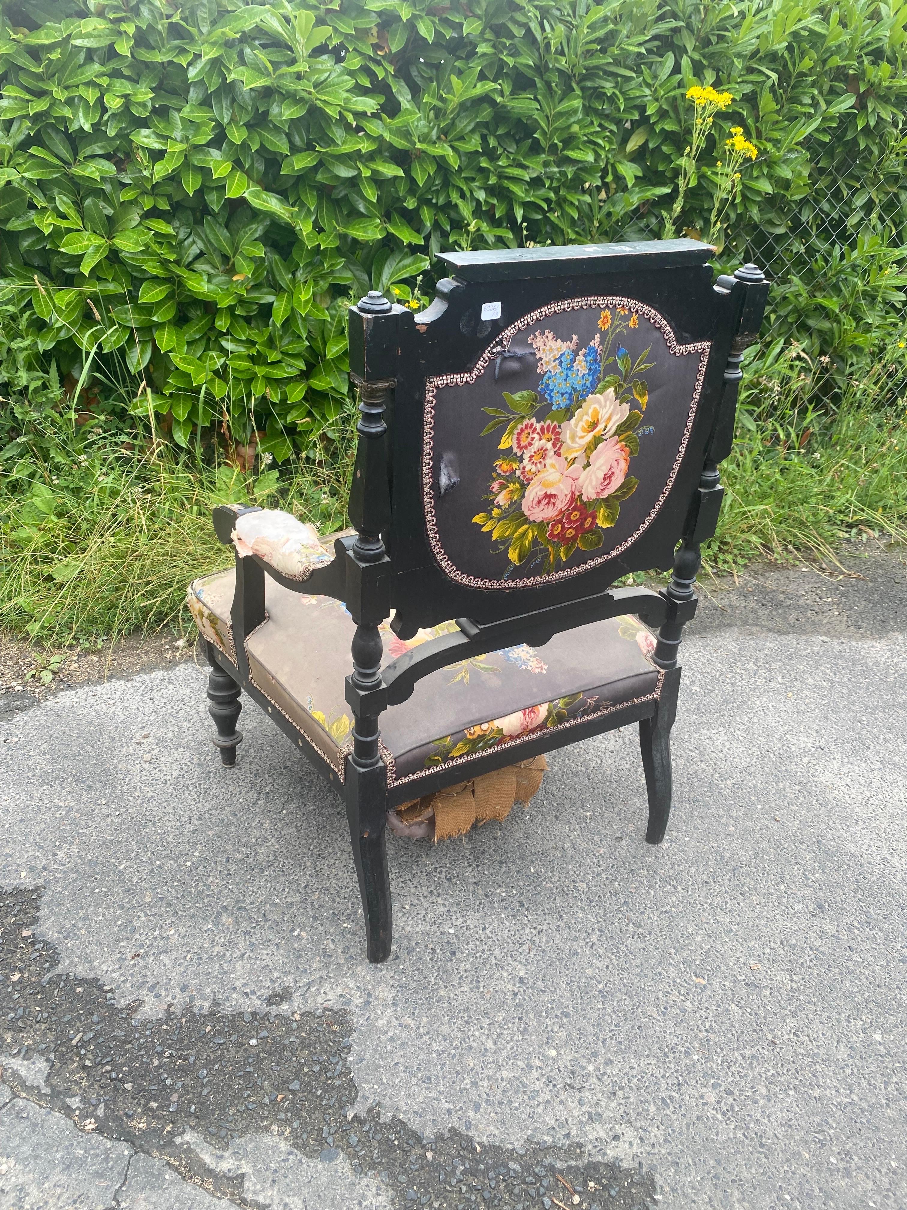 Original Napoleon III Armchair, Blackened Wood, Mother-of-pearl Inlay For Sale 1