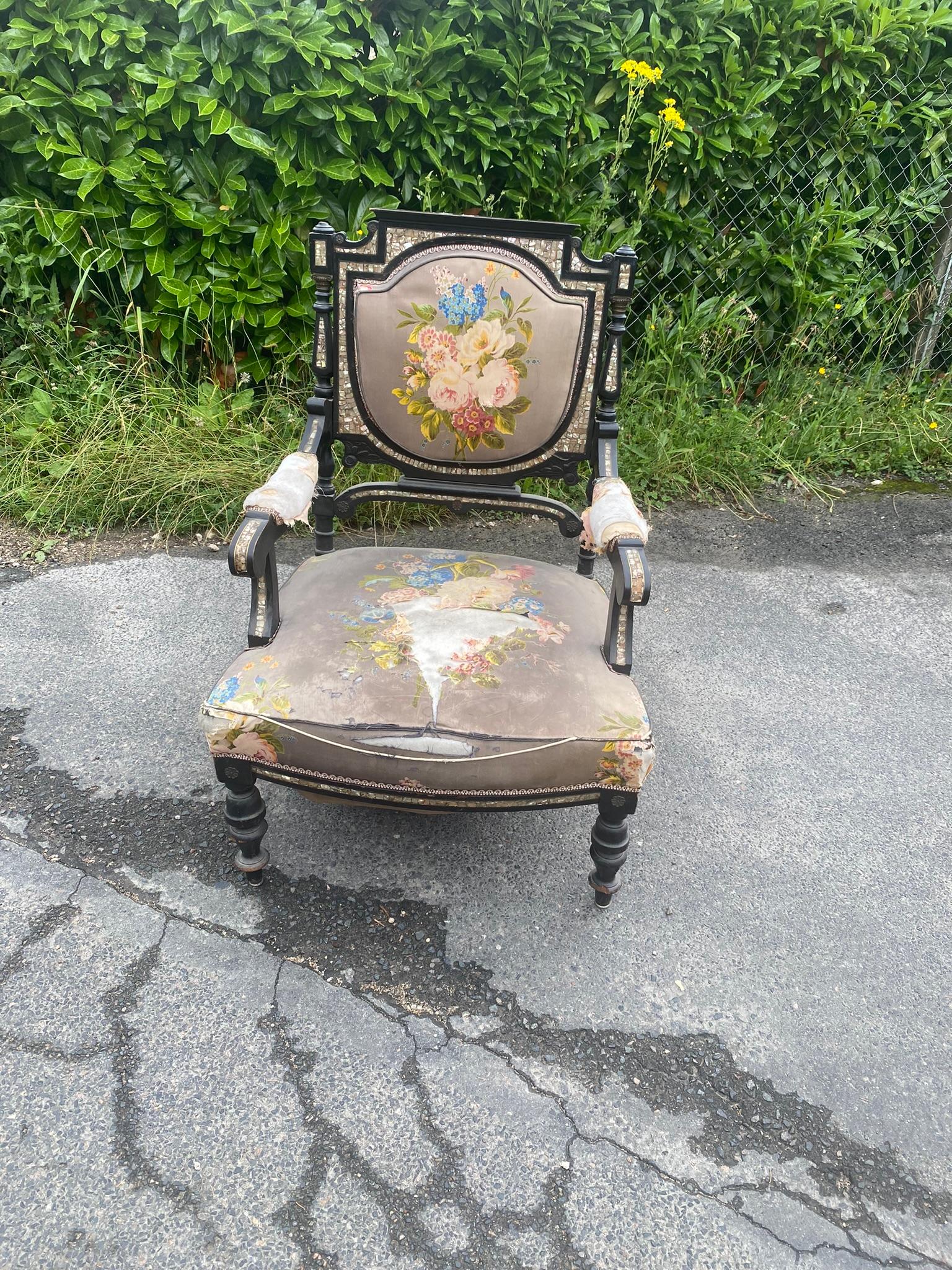 Original Napoleon III Armchair, Blackened Wood, Mother-of-pearl Inlay For Sale 3