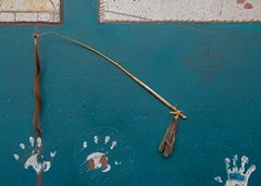 Randy Lee White Native American Ledger Style Acrylic Painting with Assemblage