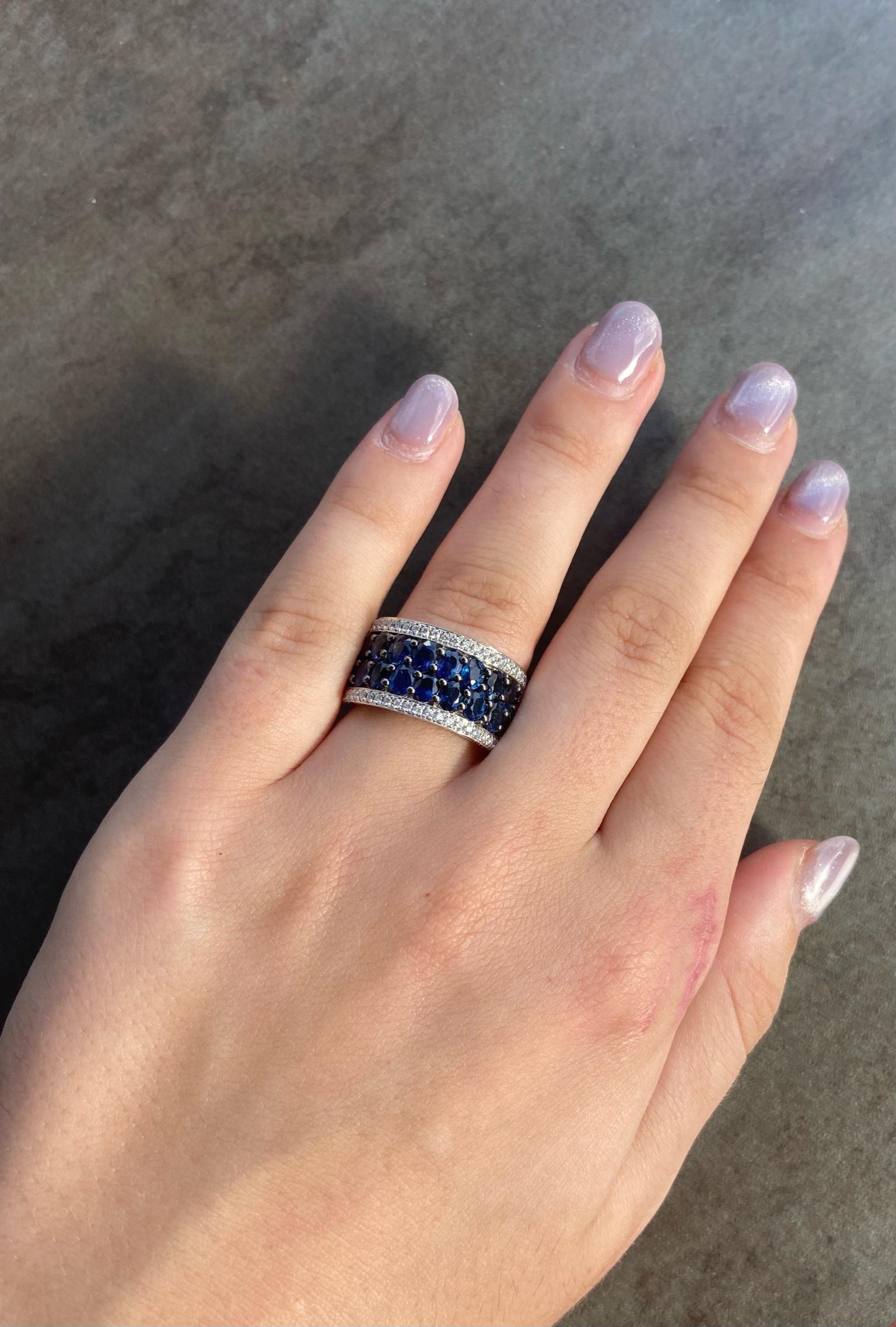 Round Cut Original Natkina Blue Sapphire Wide Diamond Ring for Her For Sale
