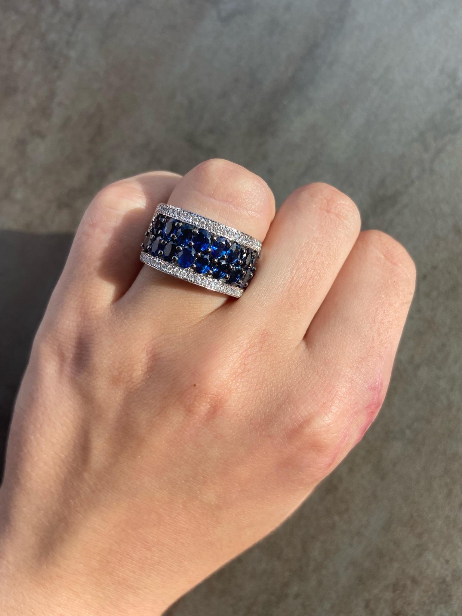 Women's Original Natkina Blue Sapphire Wide Diamond Ring for Her For Sale