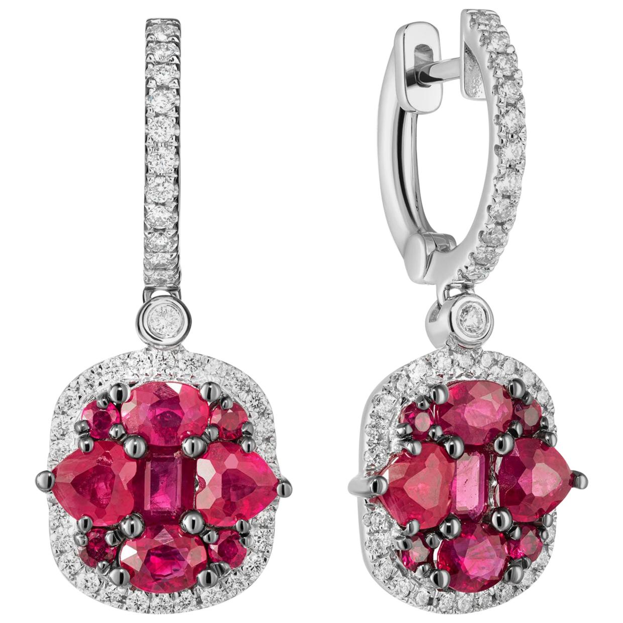 Original Natkina Red Ruby Diamond Dangle Lever-Back Earrings for Her