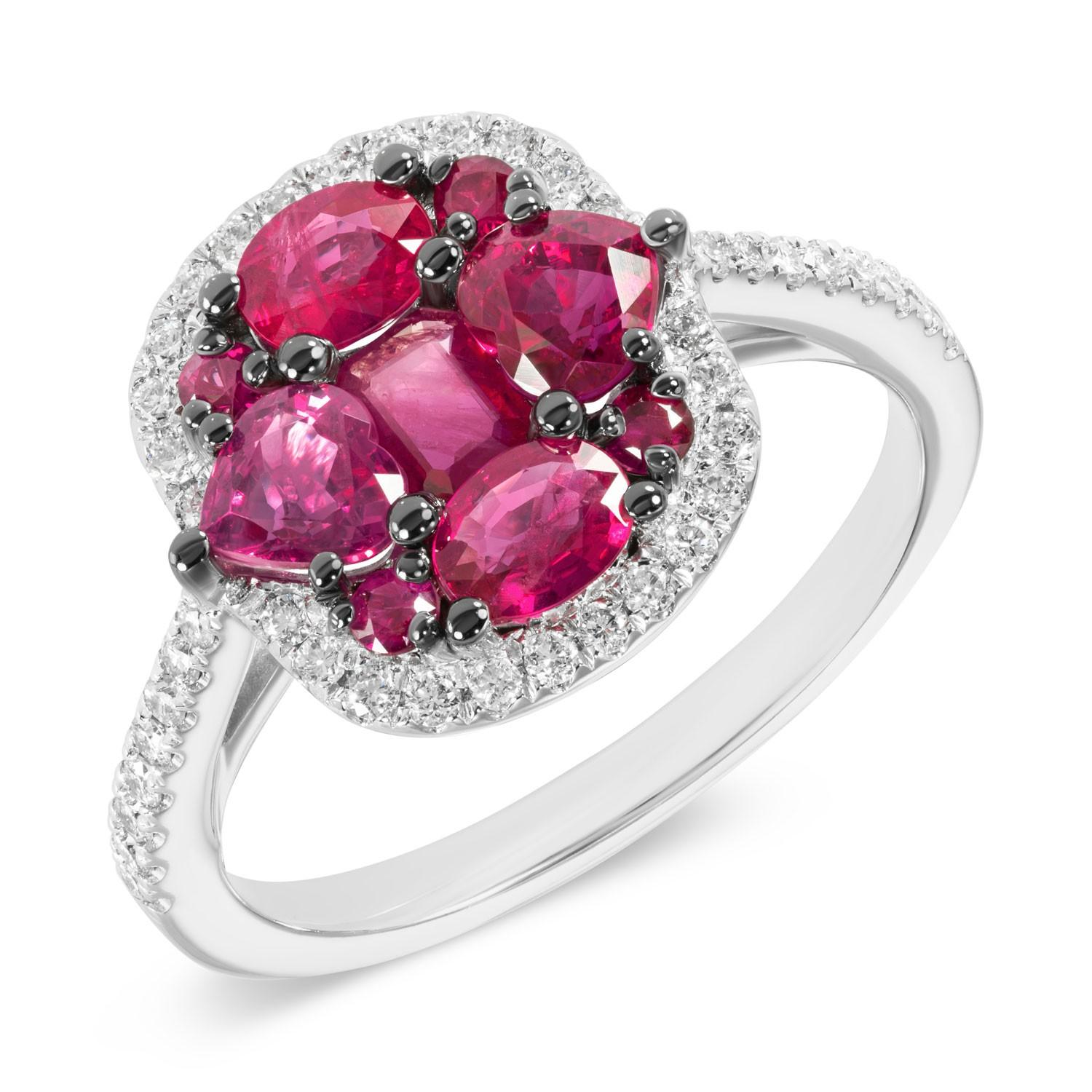 Ring White Gold 14 K (Matching Earrings Available)
Diamond 42-RND 57-0,24-4/6
Ruby 4-RND 0,03 (5)/4
Ruby 2-Oval-0,27 (5)/4
Ruby 2-1,02 (5)/4
Ruby 1-0,16 (5)/4
Weight 4,09 grams
Size 17,2

With a heritage of ancient fine Swiss jewelry traditions,
