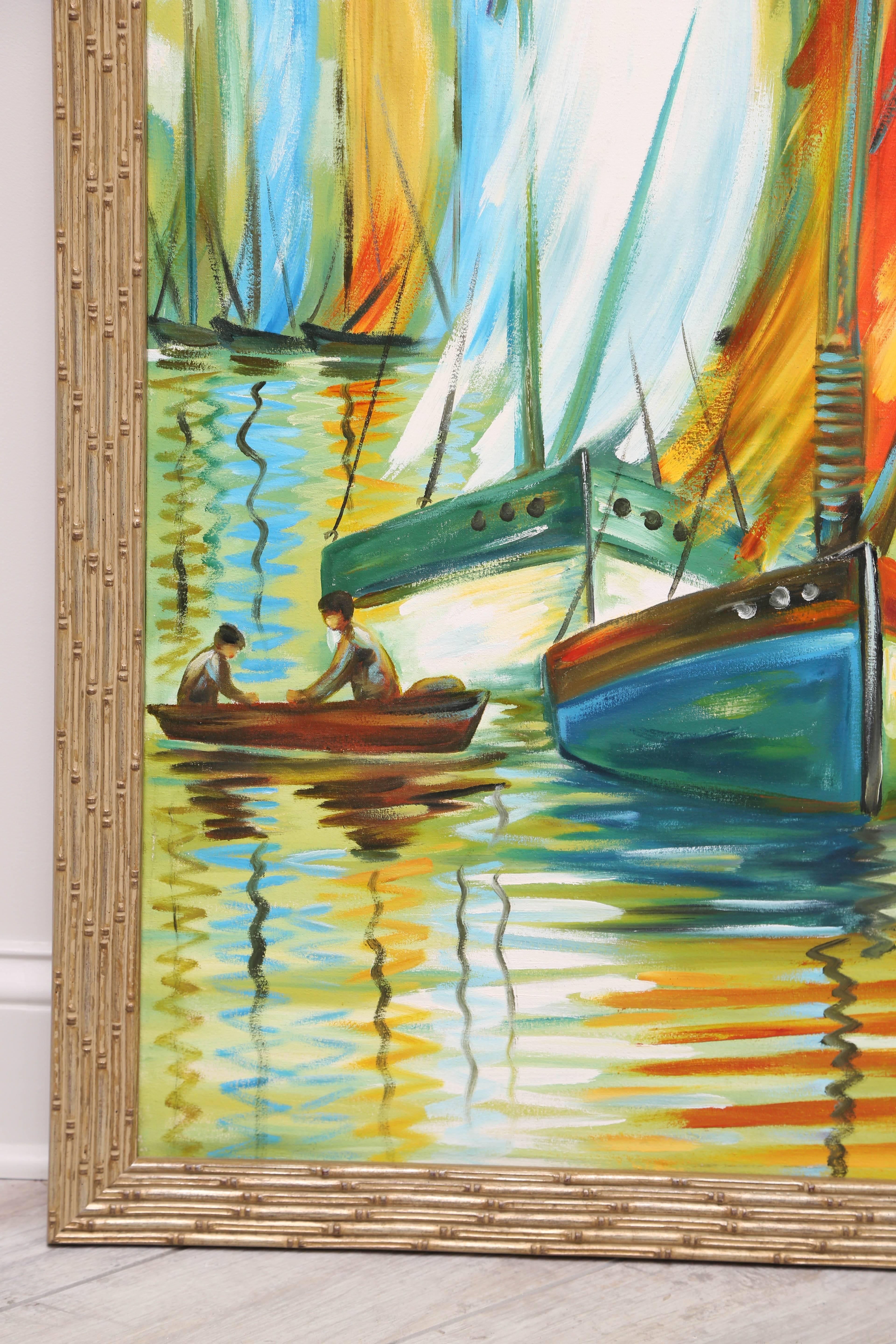 Colorful original oil painting of multiple sail boats.