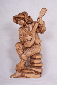 Original Neo-Rococo Statuette of Lutenist, Pear Wood, Lacquer, France, 1840s