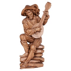Original Neo-Rococo Statuette of Lutenist, Pear Wood, Lacquer, France, 1840s